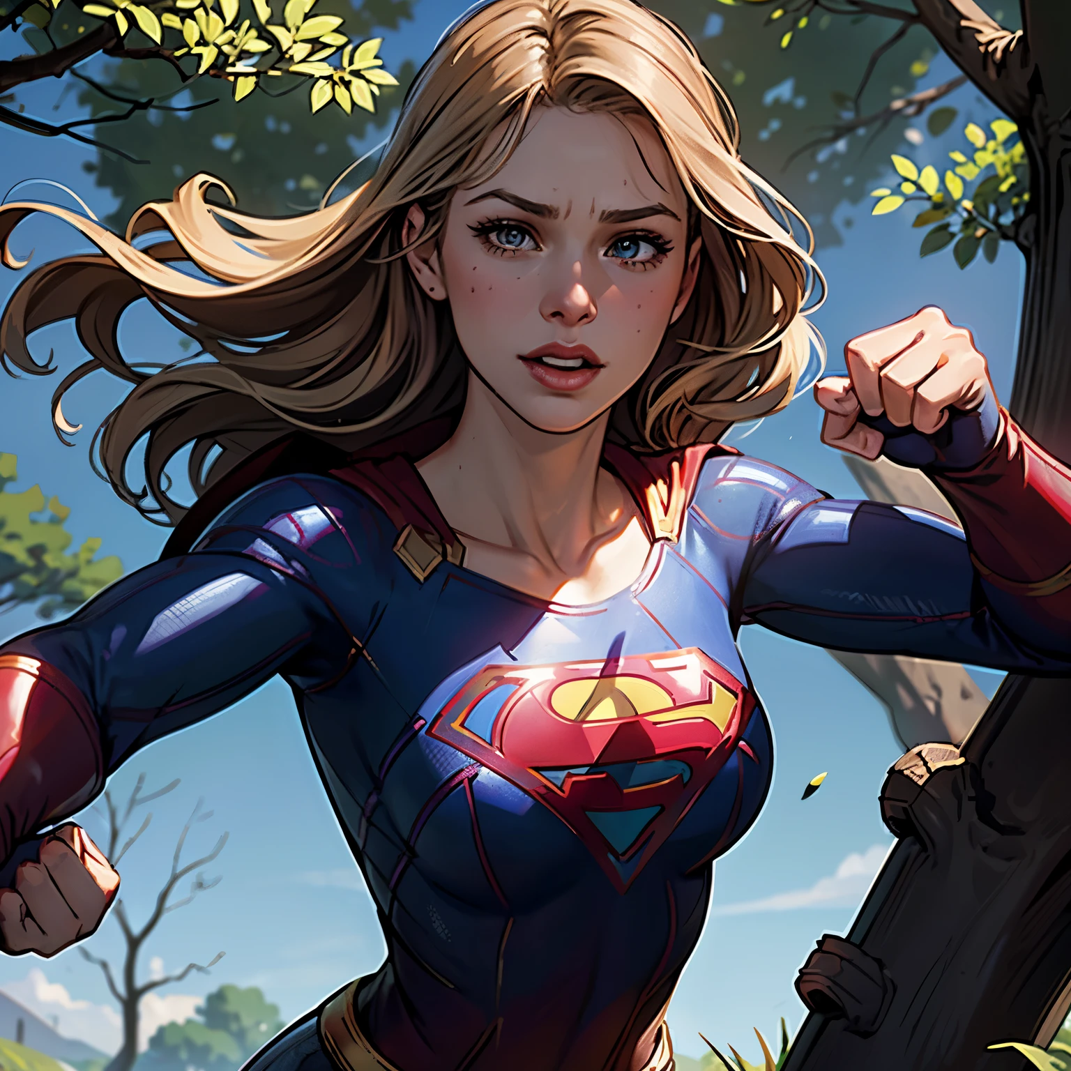 ((highest quality)), ((masterpiece)), (be familiar with), (High definition), (Realistic), (Realistic), (Best Shadow), Low contrast, (Complex:1.4), Side lighting, 8K, ((melissa Benoist)), ((SUPER GIRL)), Perfect Face、Detailed、(Accurate hand and finger depiction)、supergirl women、Blonde、Voluptuous body、Large Breasts、Narrow waist、Big Ass、Alluring、glamorous、(Action Scenes)、((Punching an enemy:1.2))、sweating、On the grass、in the deep forest、blue sky、((Upper body close-up:1.2))