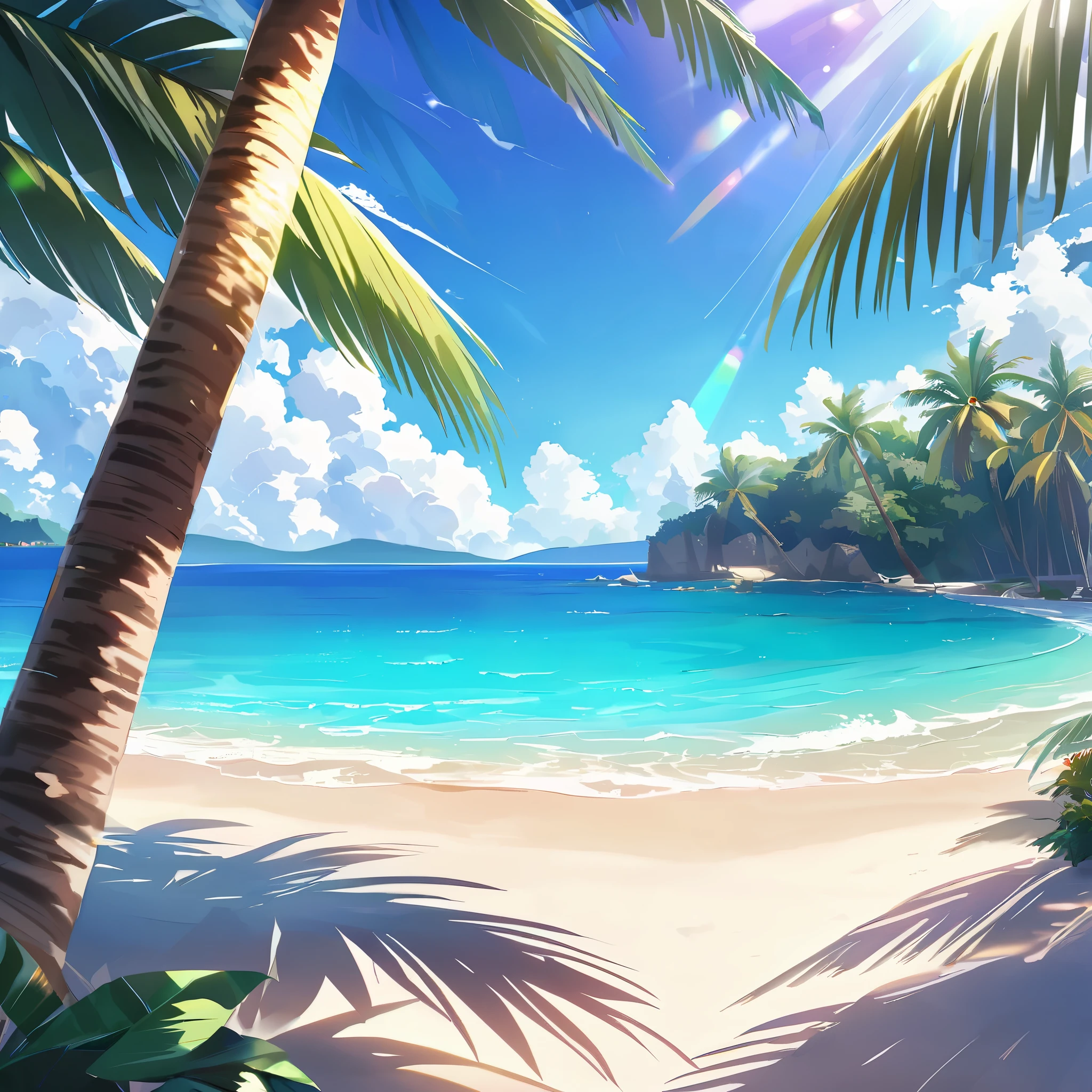 Summer beach scene, palm trees, clear blue ocean, gentle waves, sandy shores, tranquil atmosphere, sunlight filtering through leaves, coastal landscape, relaxing vibes, peaceful setting, vacation getaway, vibrant colors, seaside paradise, tropical paradise,