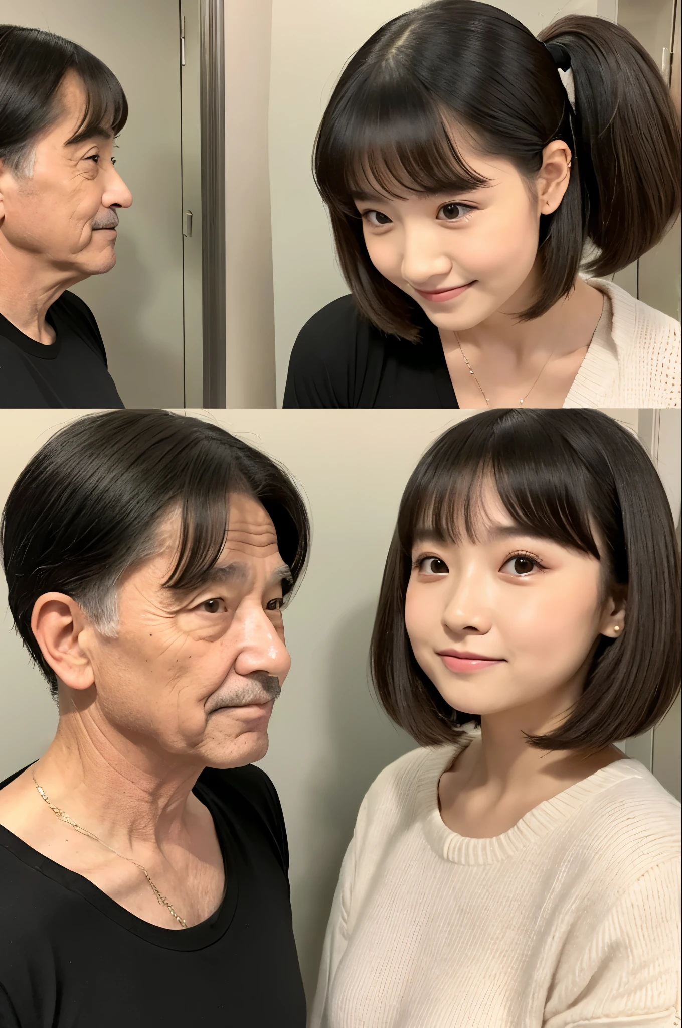 Just two people　A 70-year-old man and his 20-year-old daughter　My daughter looks as young and cute as a -yeld id　My daughter is short, about 155cm.　Hairstyle: Ponytail　Deep kissing with an old man