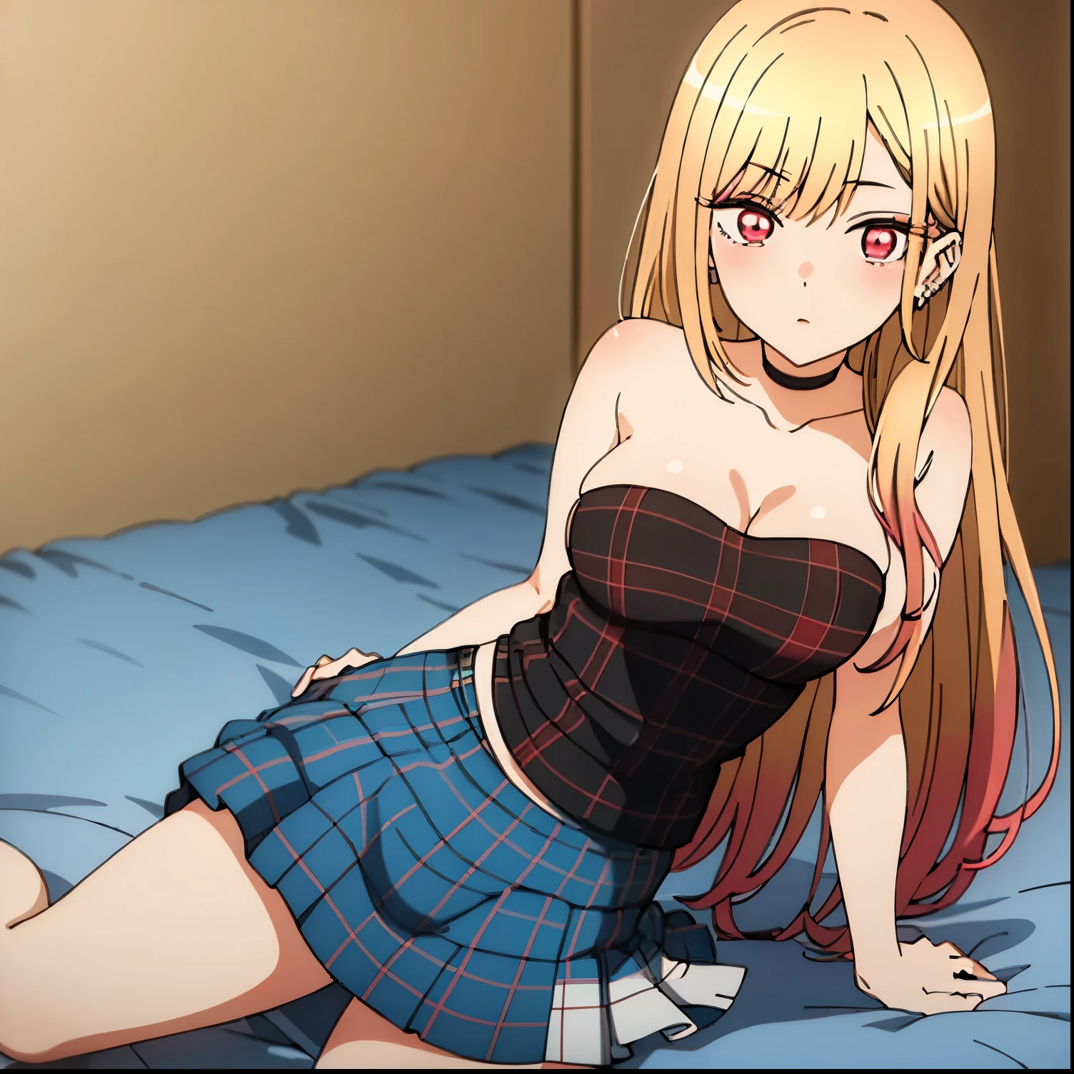 1girl,alone,marin kitagawa (masterpiece, best quality), Marin Kitagawa, beautiful girl, blonde hair, choker, ear piercing, earrings, long hair, pink tips, piercing, (red eyes: 1.5), hair straight, swept bangs, adult, bed, white top strapless, cleavage, blue shorts, jeans, plaid skirt, naked in bed, sexy ass, NSFW, exquisite images, high definition, masterpiece, best quality, looking at viewer, looking at viewer, white top spaghetti straps , large breasts, medium waist, wide hips, medium thighs, perfect hands, perfect anatomy 