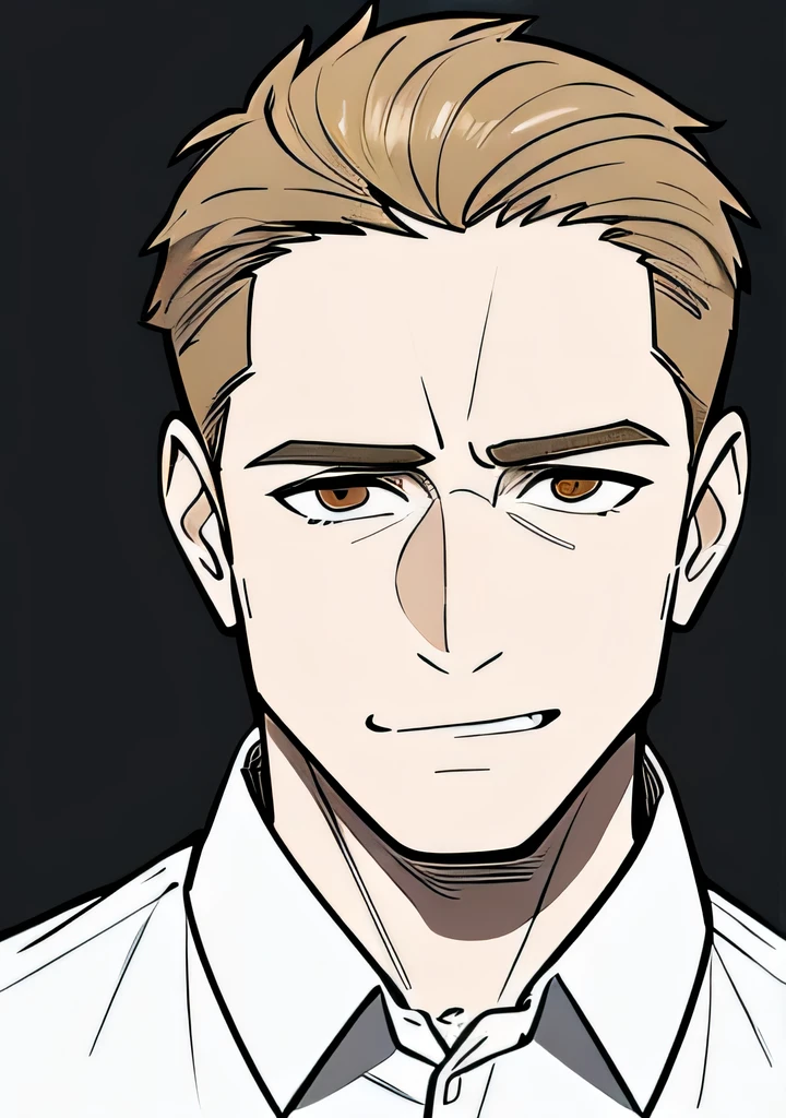 One 45 year old Adult male, handsome, brownish blonde short hair parted down the middle, side burns, stubble, brown eyes, cocky overconfident and murderous expression, shit eating grin, wearing white collared shirt, portrait style, facing forwards, plain grey background