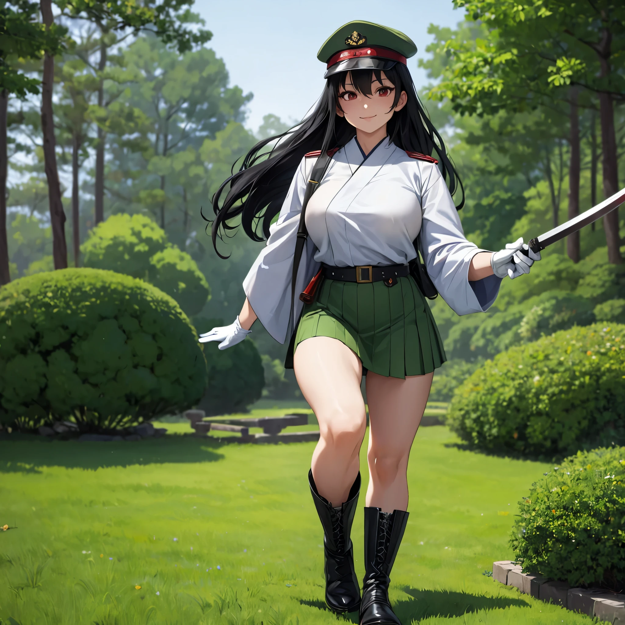 a woman wearing a Japanese military uniform from the Second World War, a moss green Japanese military hat, a moss green skirt, exposed thighs, military boots, holding a katana without a sheath, long black hair, red eyes, large breasts, white gloves, smiling, full body , walking in a Japanese garden with a military base in the background.HDR, ultra resolution, well defined, masterpiece, 8K HD. (solo woman)