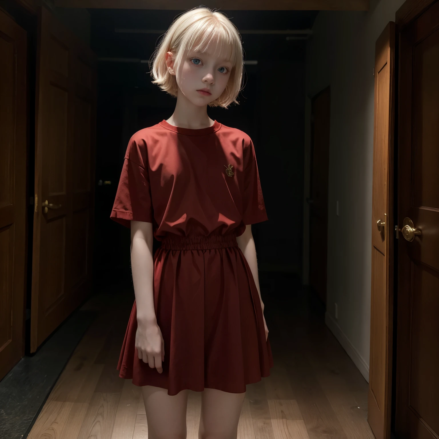 appearence a teenage girl eyes,albino girl,calm,quiet,cute,pretty,full body,looking ahead,short hair combed back,red outfit,black short,feminine,russian