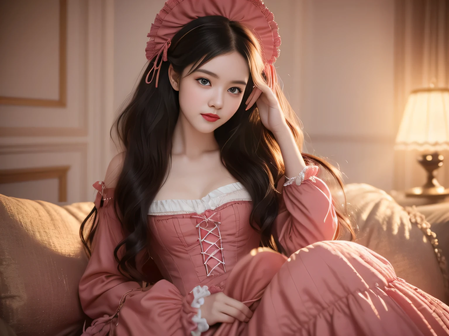 black hair, hair bobbles, wince, longeyelashes, solid circle eyes, light smile, ear blush, fang, Surrealism, drop shadow, anaglyph, stereogram, tachi-e, pov, atmospheric perspective, 8k, super detail, ccurate, best quality，a lady sitting on the sofa，A cup in hand, Rococo Ruffle Dress, victorian gothic Lolita Fashion, victorian inspired clothing, Cute lazy princess, rococo dress, Magic Lolita Girl Portrait, Victorian aristocracy, palace ， Girl wearing Hanfu, Belle Delphine, Rococo style clothing, wearing victorian clothes, Lolita Fashion，Wizard Hat。