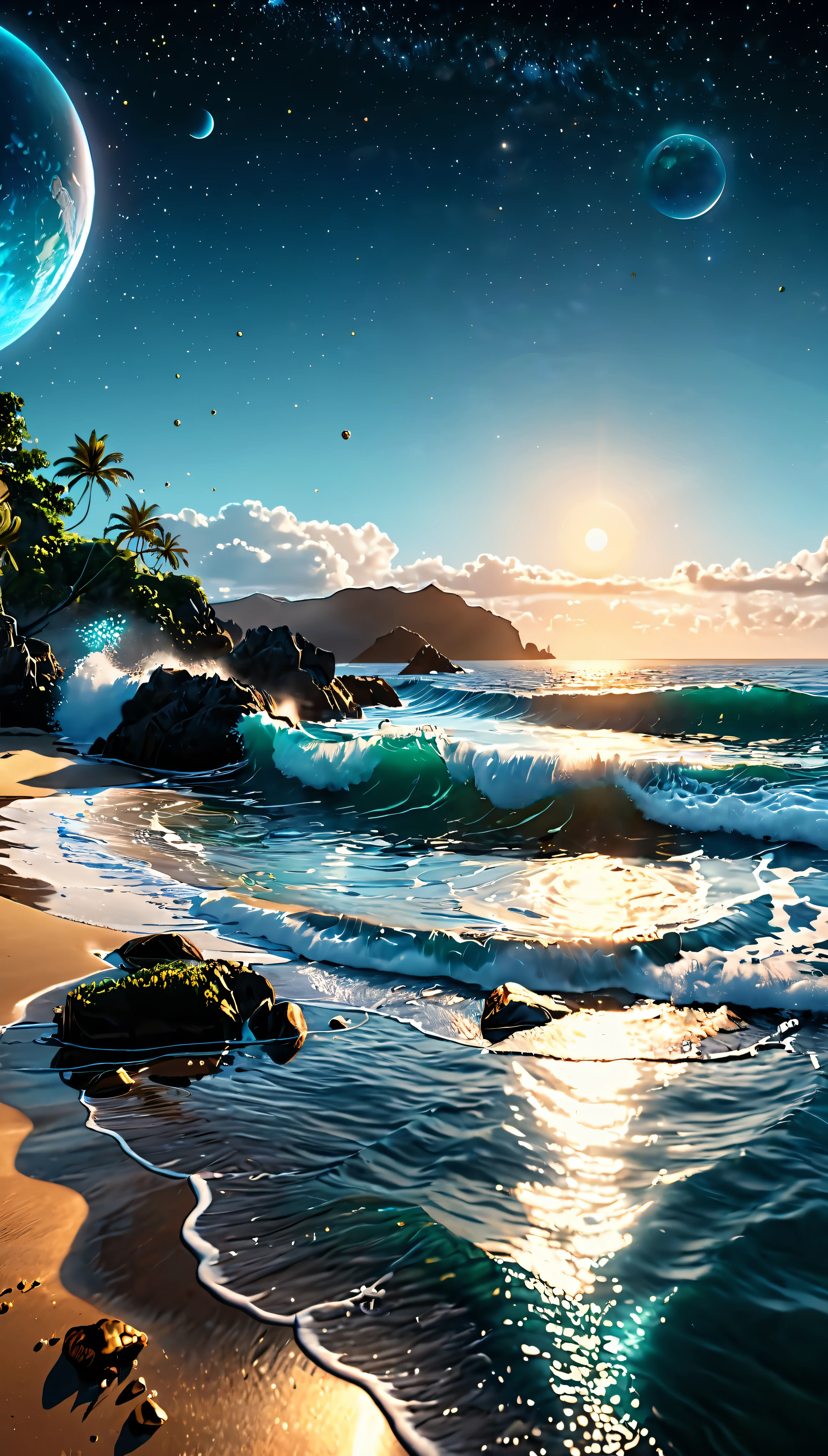 ((Masterpiece in maximum 16K resolution):1.6),((soft_color_photograpy:)1.5), ((Ultra-Detailed):1.4),((Movie-like still images and dynamic angles):1.3), ((Ultra wide angle):1.5),((fisheye lens photo):1.3). | (Cinematic photo of Beautiful Glowing Blue Beach Landscape), (Nearby Moons with visible ocean), (majestic ocean), ((tyndall effect):1.1), ((exotic night sky):1.2), ((sense of discovery):1.1), (shimmer), (visual experience), (Realism), (Realistic), award-winning graphics, dark shot, film grain, extremely detailed, Digital Art, rtx, Unreal Engine, scene concept anti glare effect, All captured with sharp focus.
Rendered in ultra-high definition with UHD and retina quality, this masterpiece ensures super detail. With a focus on high quality and accuracy, this award-winning portrayal captures every nuance in stunning 16k resolution, immersing viewers in its lifelike depiction.
((perfect_composition, perfect_design, perfect_layout, perfect_detail, ultra_detailed)), ((enhance_all, fix_everything)), More Detail, Enhance.