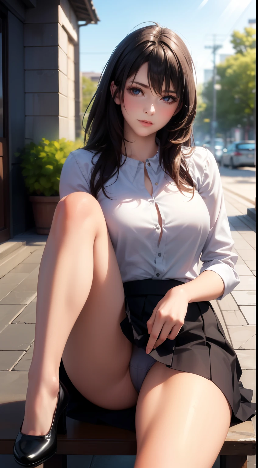 (best quality,4k,8k,highres,masterpiece:1.2),ultra-detailed,(realistic,photorealistic,photo-realistic:1.37),beautiful woman,skirt, sitting with legs open, sitting, sitting showing her panties,hot woman,seductive pose,attractive legs open, legs open, sowing her pants,lovely face,long hair,fashionable outfit,elegant stance,confident expression,soft sunlight, vibrant colors,smooth skin,subtle shadows,artistic lighting,sensual atmosphere,stylish background,modern vibes,feminine beauty,subtly provocative,mysterious allure,classy and sophisticated,impeccable taste,professional photography