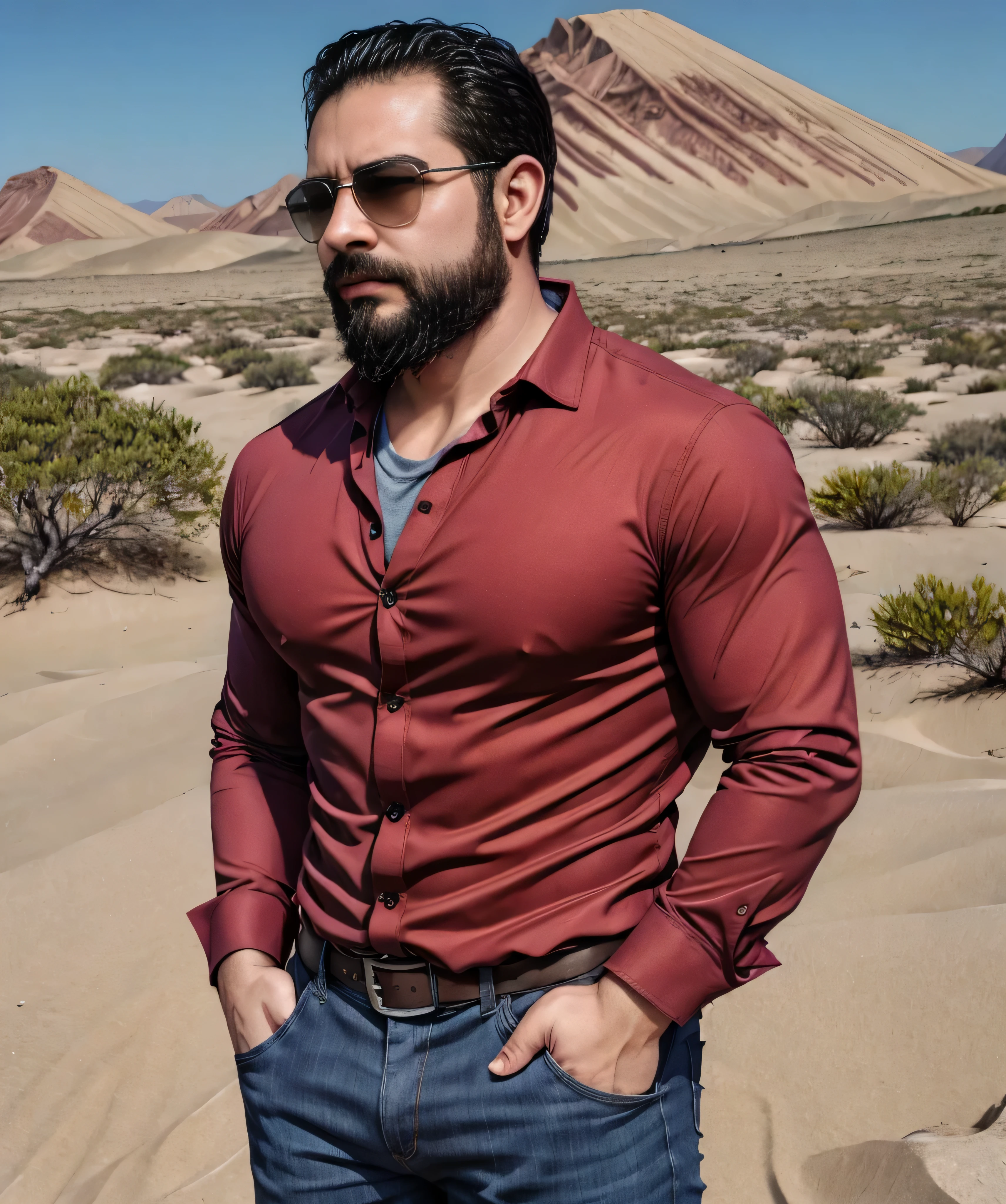 Obra maestra, desenfoque de campo, Parte superior del cuerpo, Hands in pants pockets, 38 year old chubby man with beard and square sunglasses. Man with cherry shirt in an action movie with a desert in the background.