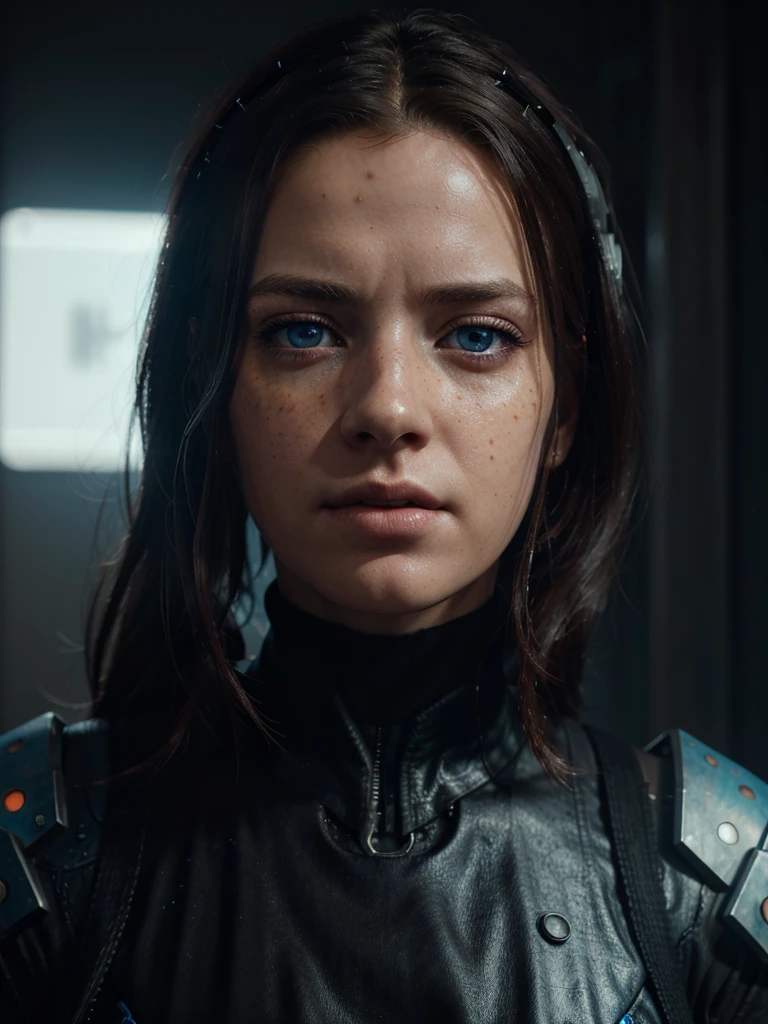 arafed woman with freckles and blue eyes standing in front of a wall, cinematic realistic portrait, 8k portrait render, realistic face moody lighting, cyberpunk art ultrarealistic 8k, hyper-realistic cyberpunk style, soft portrait shot 8 k, 8 k realistic digital art, cyberpunk style ， hyperrealistic, realistic digital art 4k, realistic digital art 4 k