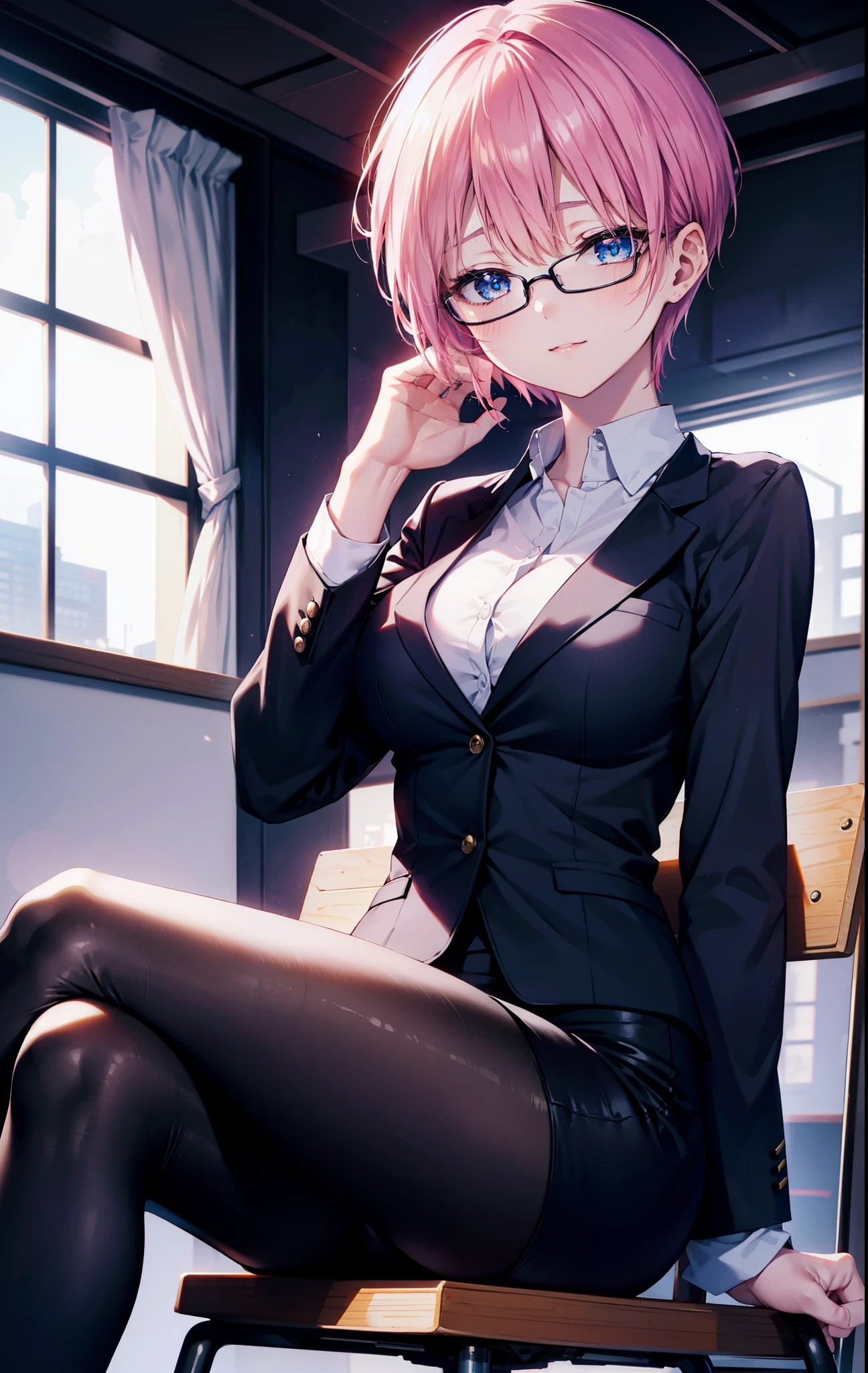 ichikanakano, ichika nakano, short hair, bangs, blue eyes, Hair between the eyes, smile,Pink Hair, Big Breasts , OL, happy smile, smile, Open your mouth,Akagi glasses, end, open front black suit jacket, White dress shirt, Collared shirt, Neckline, button,Black pencil skirt, Black Pantyhose, Stiletto heels,Daytime,Clear skies,sitting cross-legged on a chair,There is a computer on the table,
壊す looking at viewer, whole body,  (Cowboy Shot:1. 5)
Destroy outdoors,Destroy the office (masterpiece:1.2), highest quality, High resolution, unity 8k wallpaper, (shape:0.8), (Beautiful and beautiful eyes:1.6), Highly detailed face, Perfect lighting, Highly detailed CG, (Perfect hands, Perfect Anatomy),