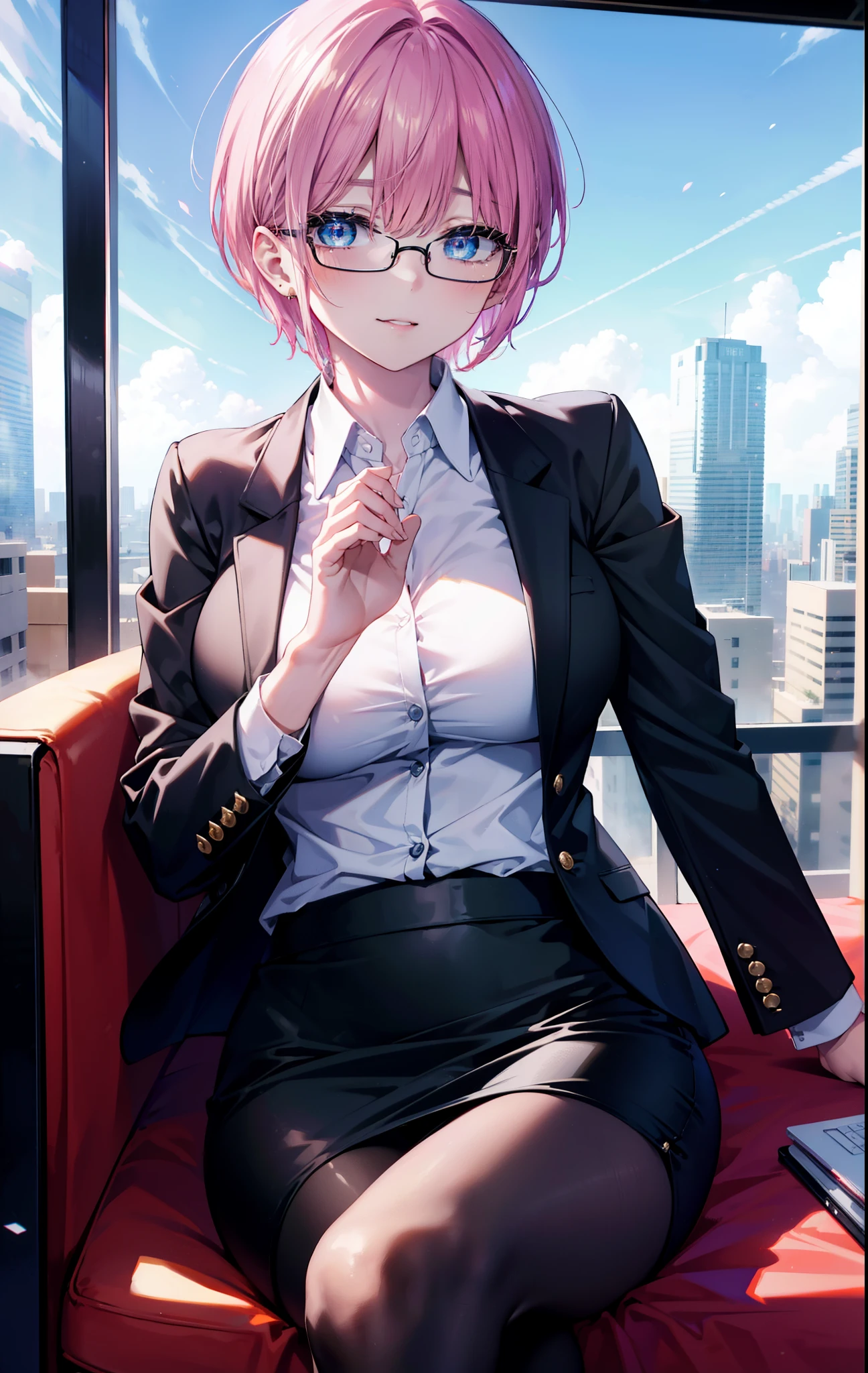 ichikanakano, ichika nakano, short hair, bangs, blue eyes, Hair between the eyes, smile,Pink Hair, Big Breasts , OL, happy smile, smile, Open your mouth,Akagi glasses, end, open front black suit jacket, White dress shirt, Collared shirt, Neckline, button,Black pencil skirt, Black Pantyhose, Stiletto heels,Daytime,Clear skies,sitting cross-legged on a chair,There is a computer on the table,
壊す looking at viewer, whole body,  (Cowboy Shot:1. 5)
Destroy outdoors,Destroy the office (masterpiece:1.2), highest quality, High resolution, unity 8k wallpaper, (shape:0.8), (Beautiful and beautiful eyes:1.6), Highly detailed face, Perfect lighting, Highly detailed CG, (Perfect hands, Perfect Anatomy),