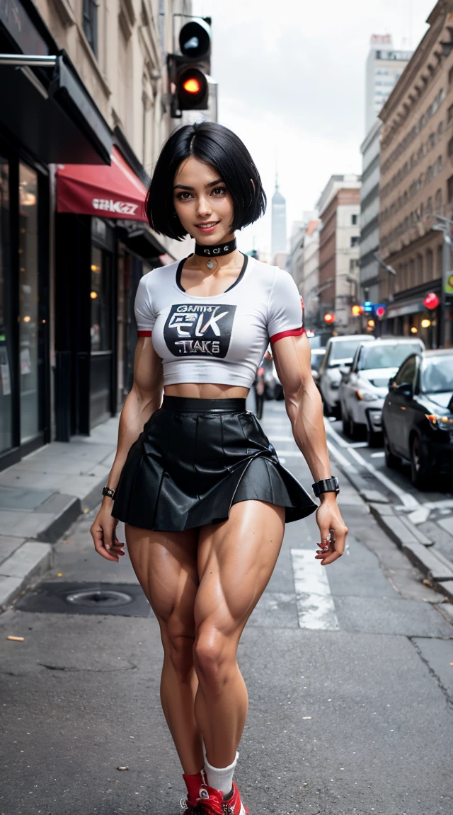 (Muscular:2.8), (thick thighs:2.5),
(female, green eyes, pale skin, jet black hair:1.5), adult, (bob cut:1.4),
(big smile:1.9), detailed eyes, clean skin, low key (DETAILED SKIN),
(small breasts:1.5), (hard nipples),
(earrings, eyeshadow, lipstick), (glasses),
(tshirt, skirt, midriff, choker, bare legs, sneakers:2.2),
(full body view), (three quarter view:1.3), (looking at viewer), (standing),
dark bedroom, rim lighting, two tone lighting, dimly lit, bokeh