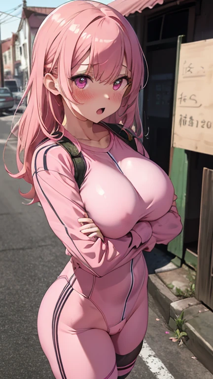 mastute piece,Best Quality,insanely detailed,8k cg,
shoot upper body,
1woman,18age,standing,body in front,looking at viewer,(pink cycling-suit,bicycle),break,
blush,shy,(trembling:1.2),pink hair,break,open mouth,large breast,paved road,