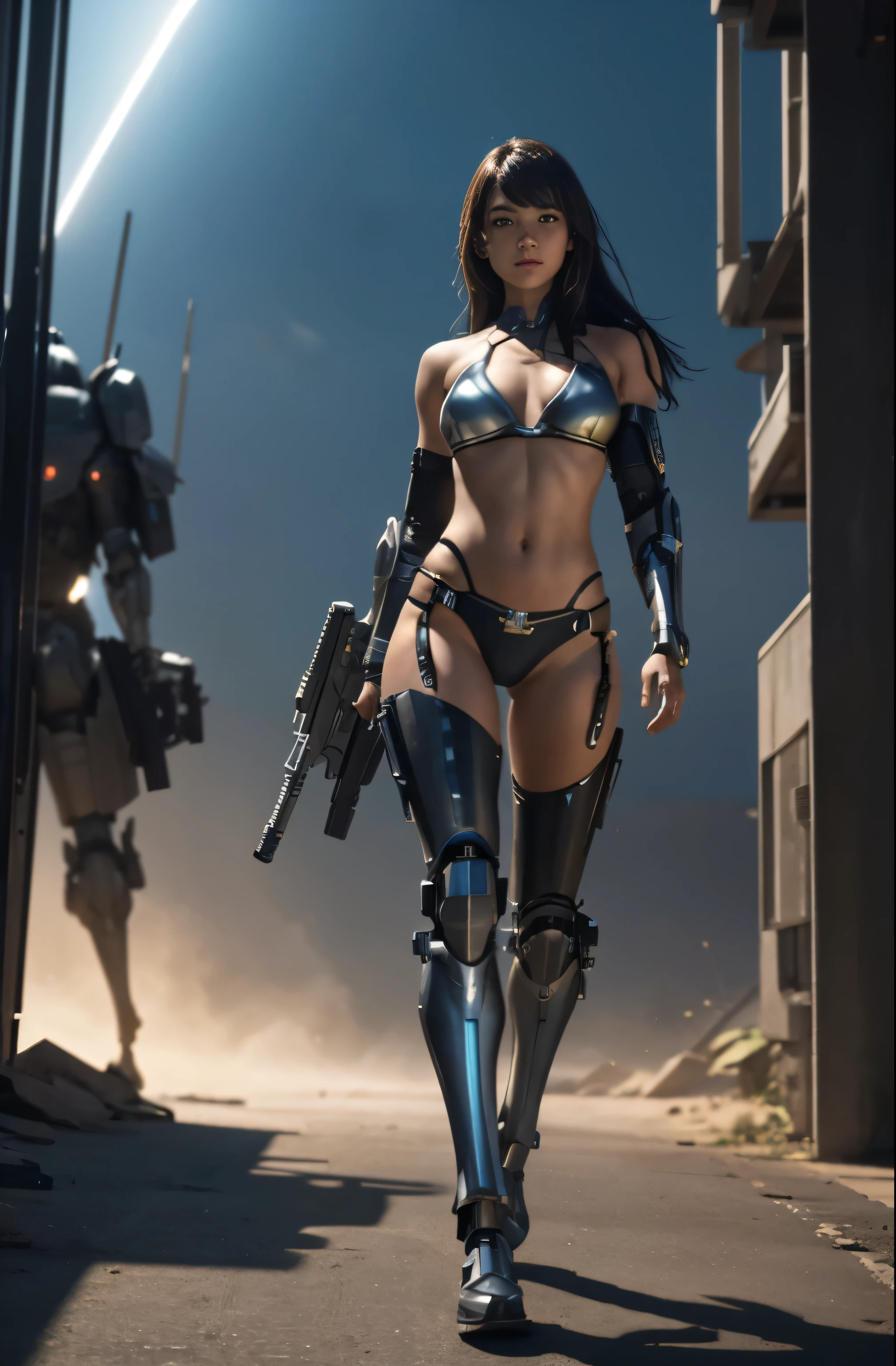 young-woman-type cyborg, bikini, ((full body)), with her head, hands and legs armored, with under body nakid, walking with her legs spread apart, with her ray gun in the holster at her right leg, beautiful chest, from front below