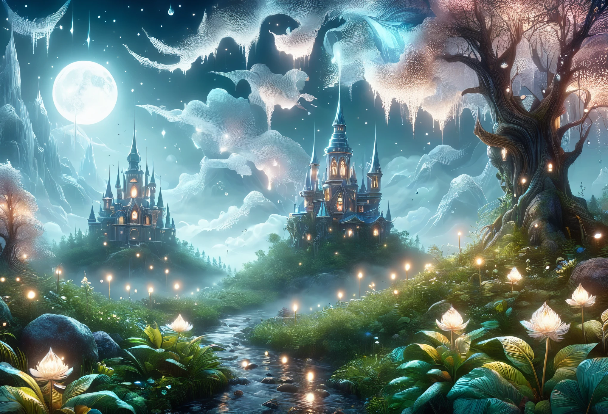 ((duendes: 1.5)), (Obra maestra), (mejor calidad: 1.0), (ultra high resolution: 1.0), detailed illustration, paisaje detallado, bosque , helechos, plantas, vibrante coloers, 8k, noche, nubes lunares, ((magical, hermoso: 1.4 )), ((mejor calidad, vibrante, 32k de luz y sombras bien definidas)).