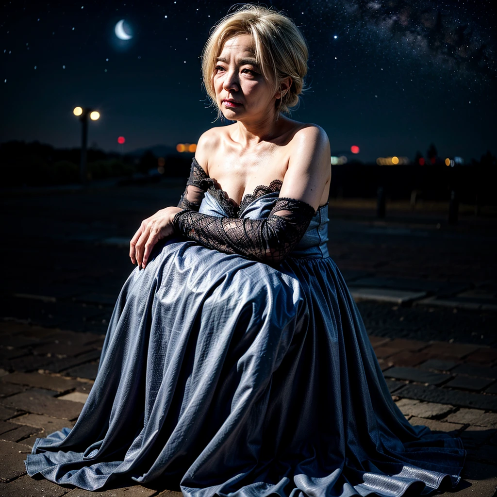 Create a sad scene of an old woman sit and leaning against the wall at night, she looked up at the sky, starry night, outdoor, bokeh background, RAW picture, 32K high resolution wallpaper, hyper realistic photo, real skin texture,