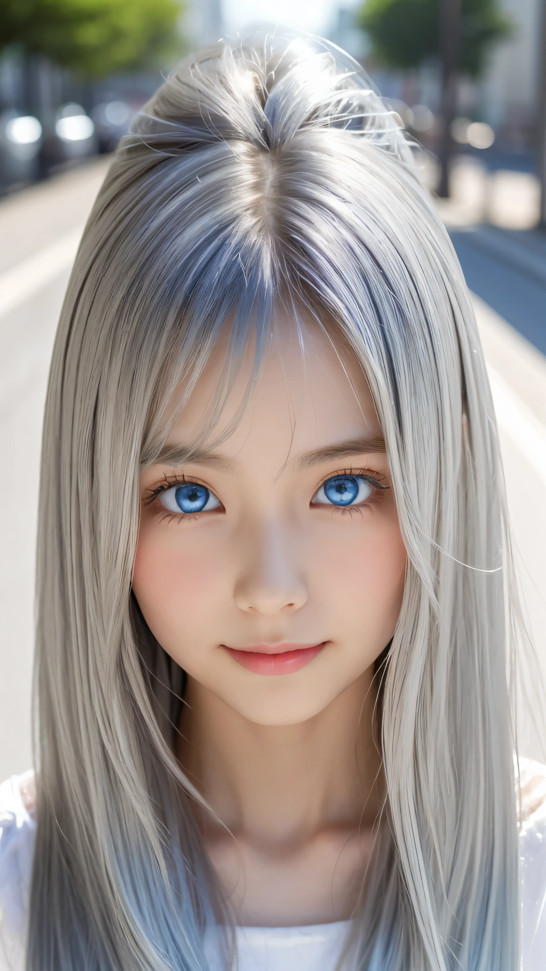 Shining, clear, white skin、Her windblown silver hair hides her beautiful face.、huge、28 years old cute y little beautiful face、Beautiful straight hair that stands out、growing up, Sparkling light blue eyes、long silky bangs that cover cute eyes, Sexnd cute young woman with super long hair hiding her sexy f、shining silver hair