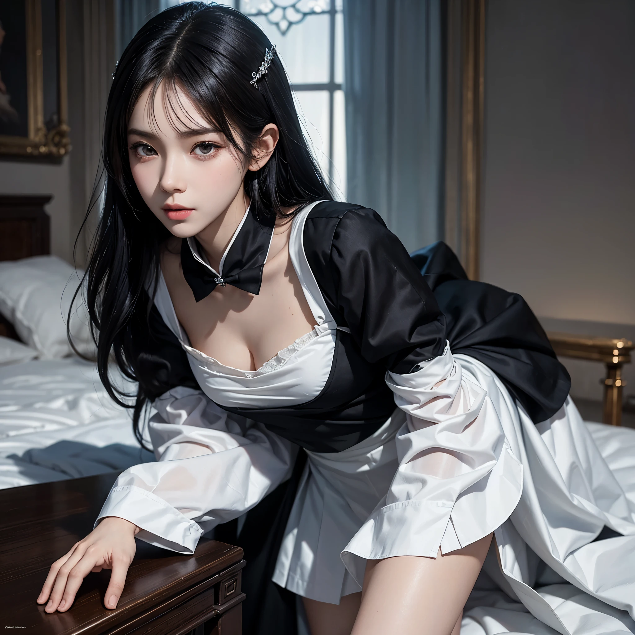 (1 Girl Solo, 1 Sexy Woman, Princess Maid, Black Hair, Fluffy Bub Cut, Maid Uniform:1.4), (leaning forward:1.3), (hands on knees, Cowboy shot:1.3), ((anatomically correct)), (Futuristic Portrait), (Extreme-Close-Up:1.2), Rim Lighting, Cinematic Light, (On The Bed, depth of field), no futuro telhado de luz neon, SSCI - FI e Fantasia, intrincado e muito bonito e elegante, altamente detalhado, pintura digital, art-station, arte conceitual, smooth and sharp focus, illustration, Arte de Tan Zi e Ayanamikodon e Alphonse Mucha e Wlop