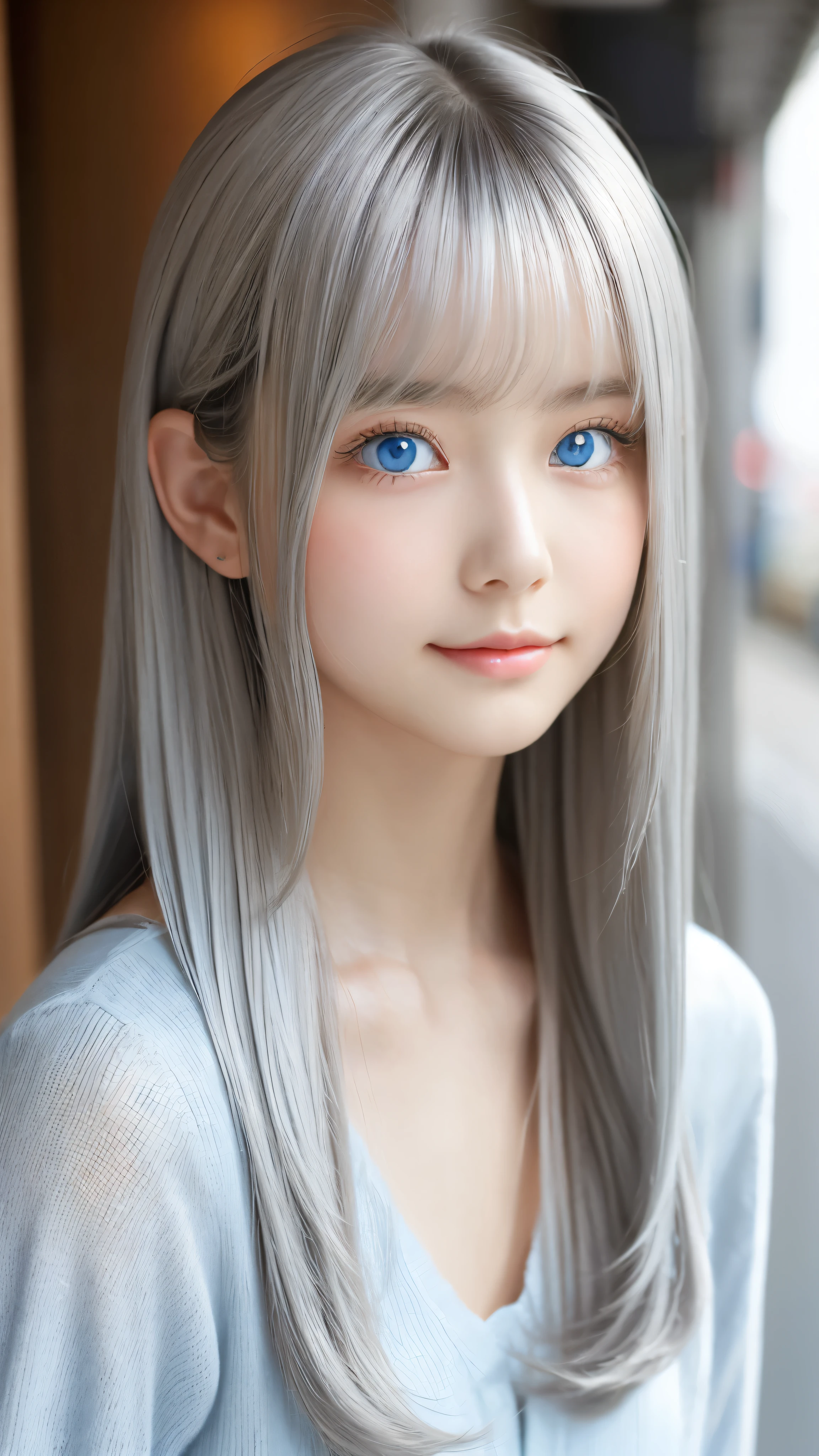 Shining, clear, white skin、Her windblown silver hair hides her beautiful face.、huge、28 years old cute sexy little beautiful face、Beautiful straight hair that stands out、growing up, Sparkling light blue eyes、long silky bangs that cover cute eyes, Sexy and cute young woman with super long hair hiding her sexy face、shining silver hair