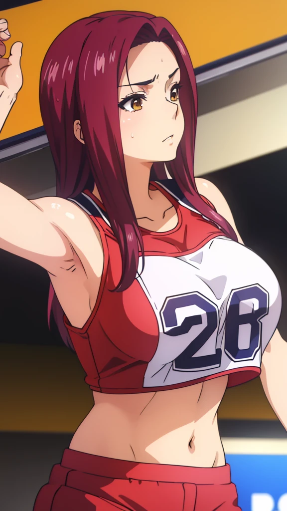 Ryouko Sakaki, Food Wars, a close up of a person wearing a basketball uniform, a picture, inspired by Kentaro Miura, trending on pixiv, wearing yellow nba jersey, yellow croptop nba jersey, wearing a low cut croptop, wearing croptop, croptop, , golden raito, (winking), shirobako, large, favorite scene, fine details. anime. skins, sweating, big breasts, both hands raised, armpits, armpits visible, dripping with sweat, more more sweat, sweaty armpits.