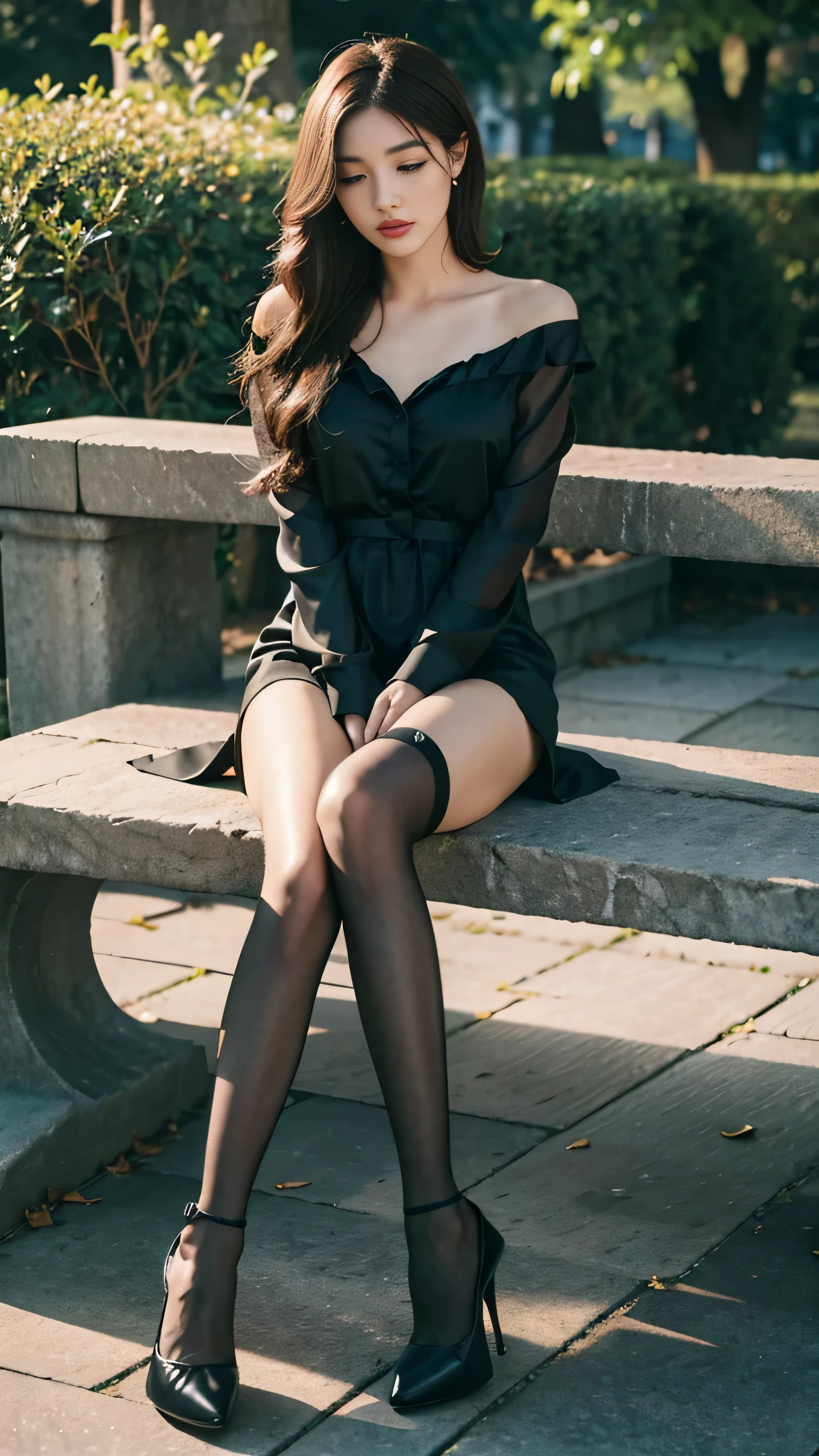 A girl,Sit on a stone bench in the park,Sunlight,Wear black silk,(Wear green pajamas),Green nightdress,wear high heel shoes,whole body,High Definition,Delicate foot detailing,Perfect high heel details,Perfect finger detailing,(Knee-length black stockings),Chinese Girl,Exquisite makeup,Long eyelashes,Brown hair,Clothes slipping off,Shoulder,Stiletto heels,