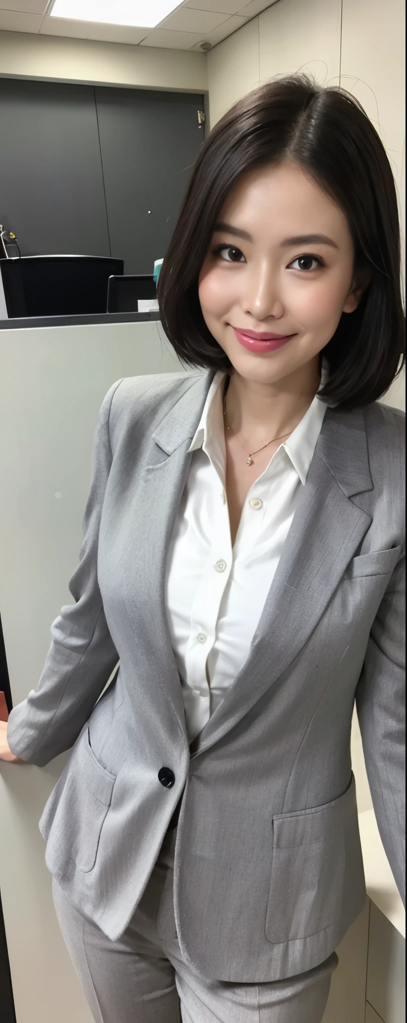 masterpiece,best quality, (1 milf), ((full body:1)), glare, gray blazer, white shirt, double eyelid, eyelash, lip gloss, (smile:1), ((Looking at Viewer)), RAW, ((in nobody office)),