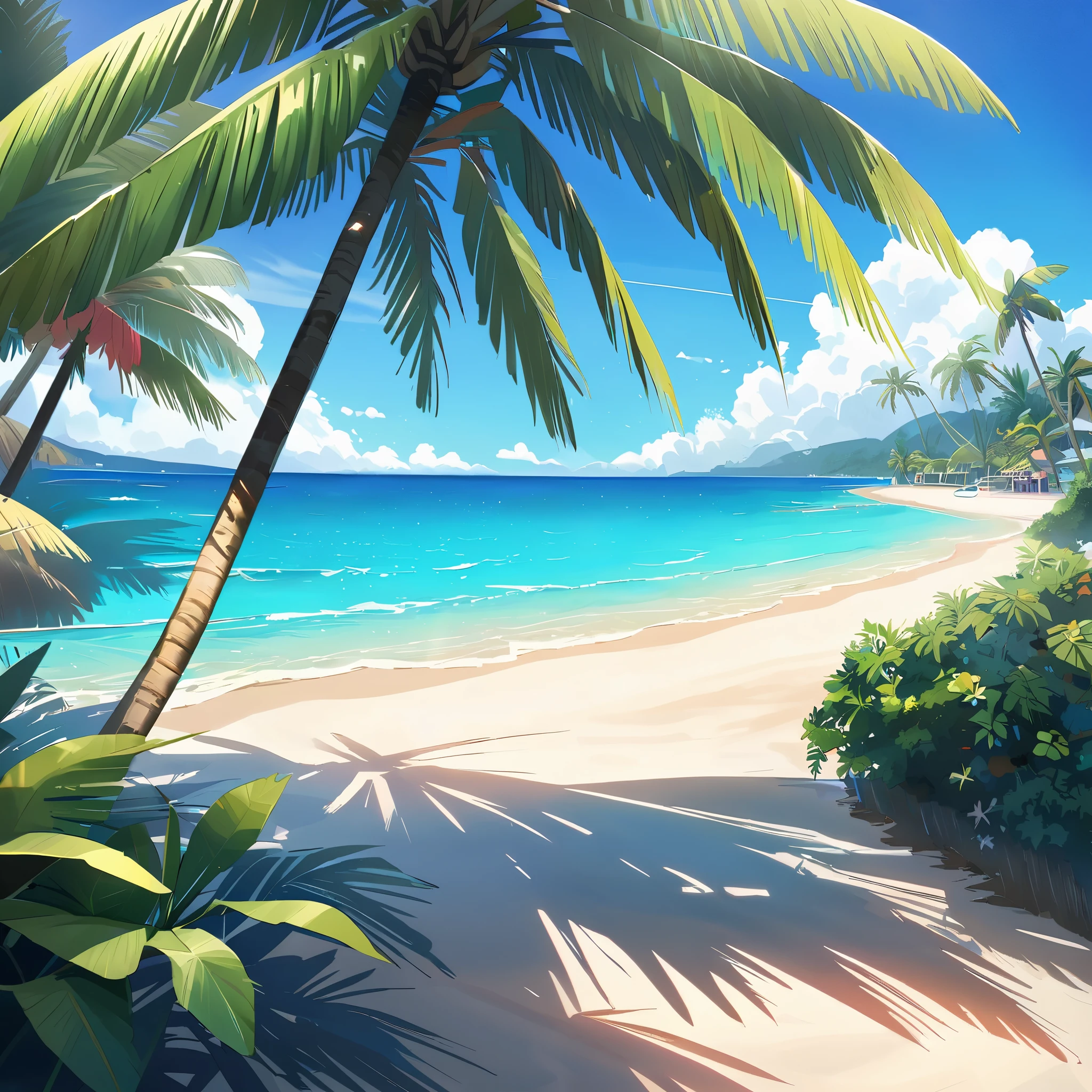 Summer beach scene, palm trees, clear blue ocean, gentle waves, sandy shores, tranquil atmosphere, sunlight filtering through leaves, coastal landscape, relaxing vibes, peaceful setting, vacation getaway, vibrant colors, seaside paradise, tropical paradise,