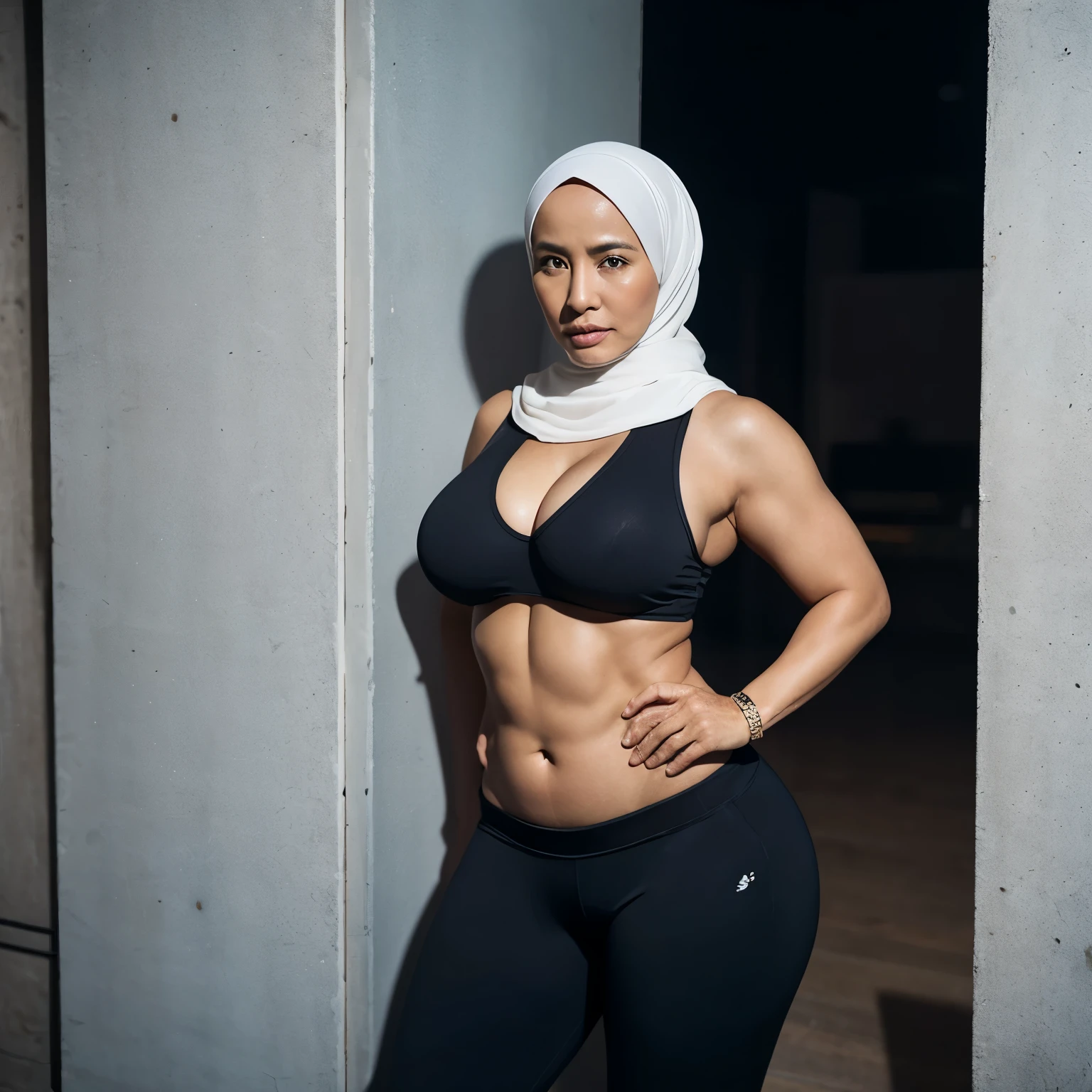 RAW photo,dark,moody,hazy atmosphere,35mm focal lenght,underexposed,cold,candid photograph,artistic,full body,photo of a beautiful,influencer,30yo Kurdish woman,hijab,detailed skin,naked, looking at viewer, thick body structure,grey background,no background, candid pose,dim room,blue light, film grain, kodak color, instagram LUT