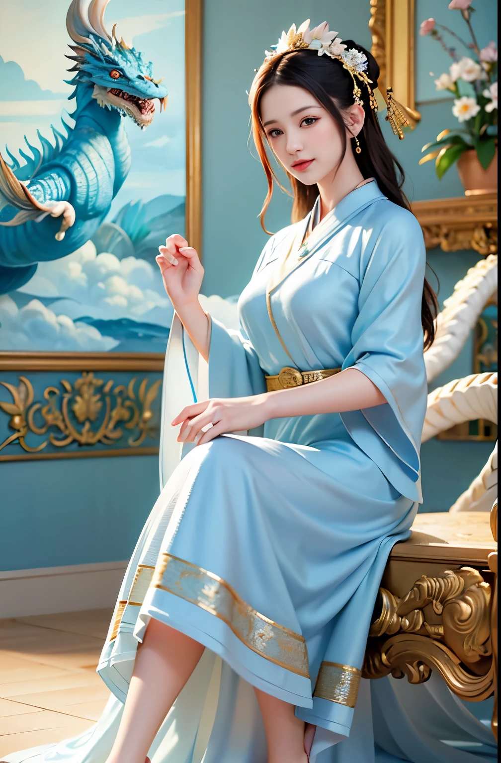 (best quality:1.4), ((masterpiece)),((realistic)), (detailed),(photorealistic:1.4), the painting shows a woman standing behind the clouds,Sit on an oriental dragon,in the style of fang lijun, love and romance, uemura shoen, (light white and light blue:1.1), flowing draperies, fresco painting, naomi tydemanDali style,