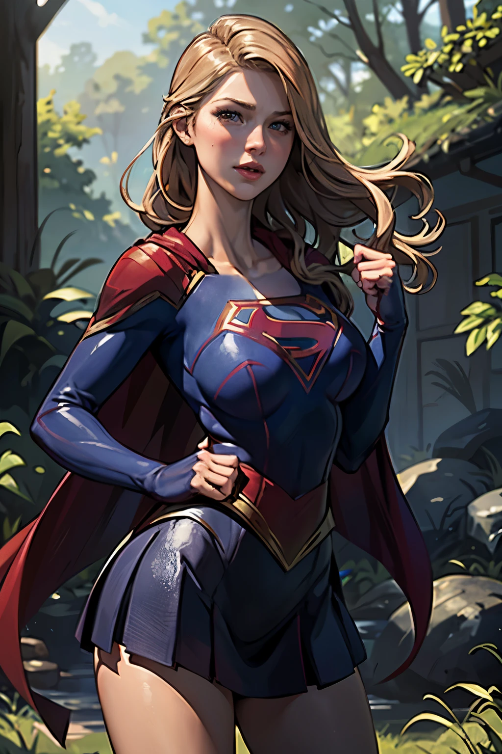 ((highest quality)), ((masterpiece)), (be familiar with), (High definition), (Realistic), (Realistic), (Best Shadow), Low contrast, (Complex:1.4), Side lighting, 8K, ((melissa Benoist)), ((SUPER GIRL)), Perfect Face、Detailed、(Accurate hand and finger depiction)、supergirl women、Blonde、Voluptuous body、((Large Breasts))、Narrow waist、Big Ass、Alluring、glamorous、((Bust Shot))、sweating、On the grass、in the deep forest、blue sky、((Bust up:1.2))