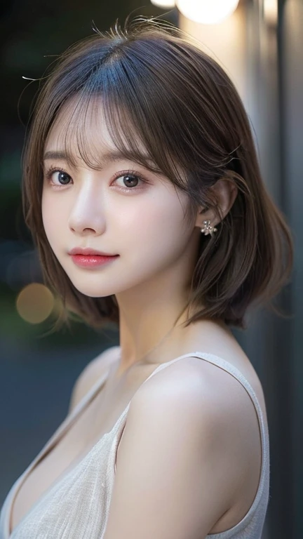 Woman standing upright facing the camera、Accentuate your cleavage、Light clothing、Expose、Light white shirt、(highest quality,masterpiece:1.3,超A high resolution,),(Very detailed,Caustics),(Photorealistic:1.4,RAW shooting,)Ultra-Realistic Capture,Very detailed,High resolution 16K for human skin、 Natural skin texture、、Skin tone is even and healthy looking、 Use natural light and color,One Woman,Japanese,,cute,Gray Hair,Middle Hair,(Written boundary depth、chromatic aberration、、Wide range of lighting、Natural Shading、)、(Outdoor lighting at night:1.4)、(Hair swaying in the wind:1)、short hair、hair ornaments、Put it on your ear、Casual hair