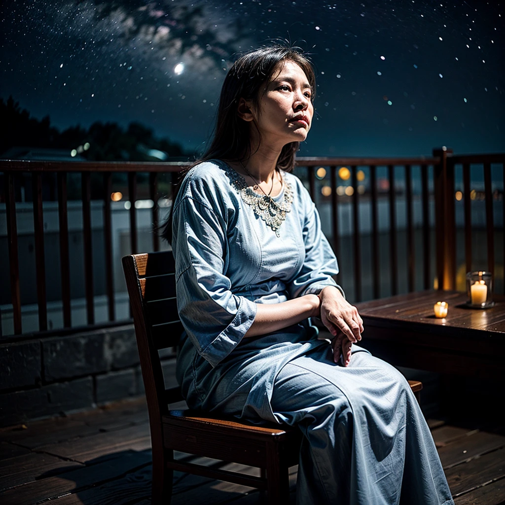 Create a sad scene of an old malay woman sit and leaning against the wall at night, she looked up at the sky, starry night, outdoor, bokeh background, RAW picture, 32K high resolution wallpaper, hyper realistic photo, real skin texture,