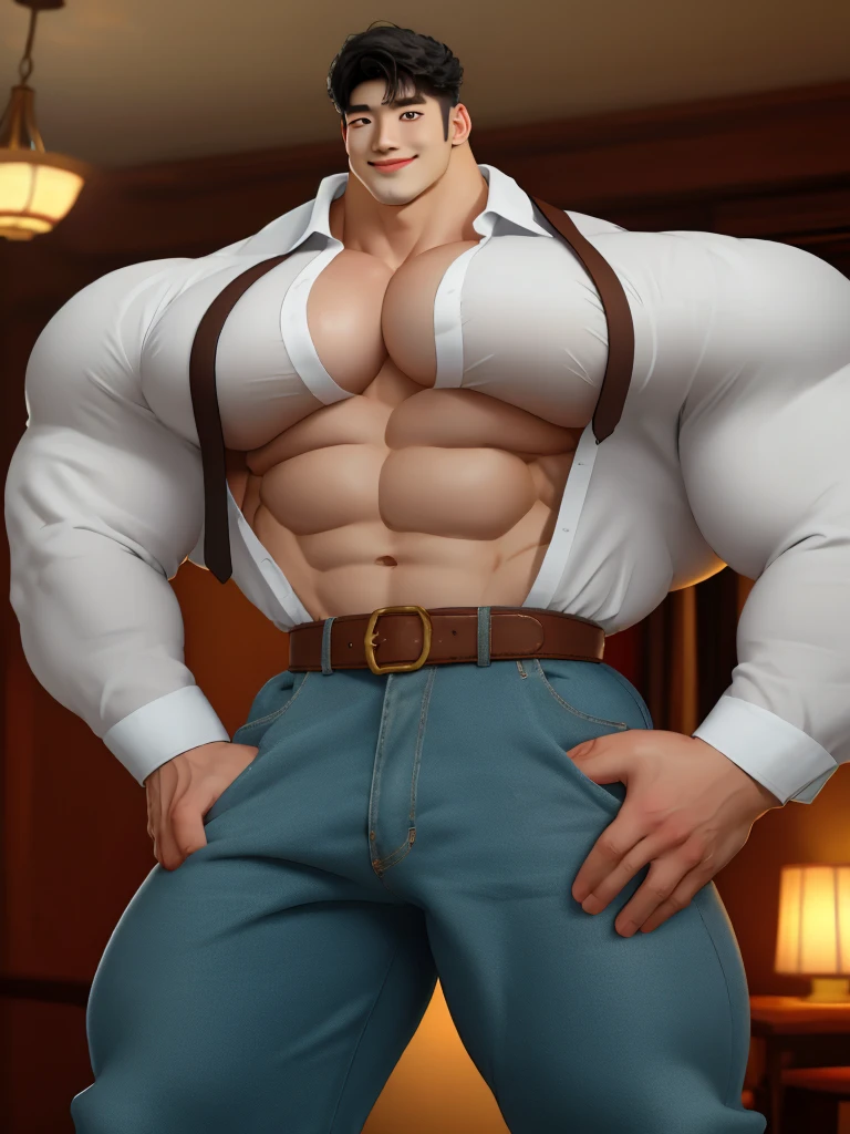 1boy korean male, (korean man with k-pop idol look), giant, black hair, model shoot style, looking at viewer, standing, strong body, standing, naked with belt & pants, prominent large bulge, brutalmass, detailed face, heavy muscular, vascular, stubble, photo real, very big and tall, brutalmass, giant, muscular body, bulk, buff, massive body, large size, smile, illuminating light, indoor, wall behind