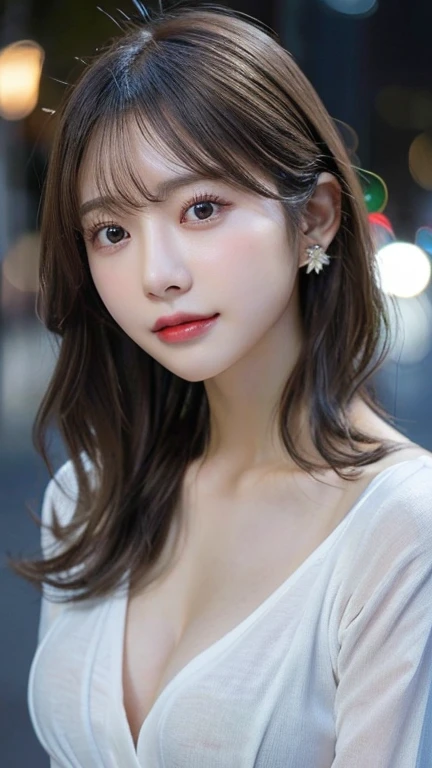 Woman standing upright facing the camera、Accentuate your cleavage、Light clothing、Expose、Light white shirt、(highest quality,masterpiece:1.3,超A high resolution,),(Very detailed,Caustics),(Photorealistic:1.4,RAW shooting,)Ultra-Realistic Capture,Very detailed,High resolution 16K for human skin、 Natural skin texture、、Skin tone is even and healthy looking、 Use natural light and color,One Woman,Japanese,,cute,Gray Hair,Middle Hair,(Written boundary depth、chromatic aberration、、Wide range of lighting、Natural Shading、)、(Outdoor lighting at night:1.4)、(Hair swaying in the wind:1)、short hair、hair ornaments、Put it on your ear、Casual hair