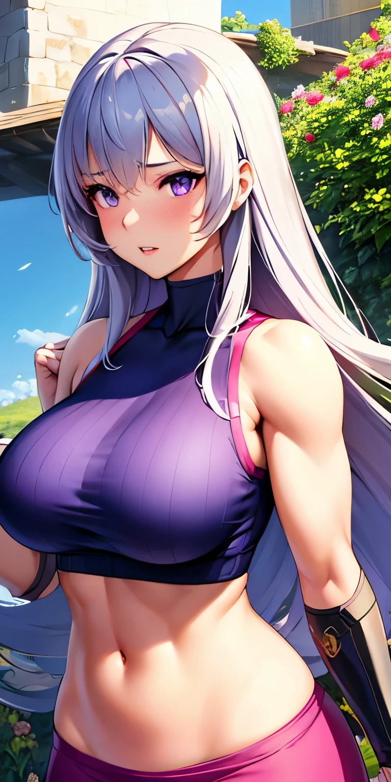 realistic, 1girl, hair round big tits. slightly muscular body, hot sexy body, white, purple eyes, shining eyes, crop top, skirt, open lips, blush, night, flowers, sun, sunshine,