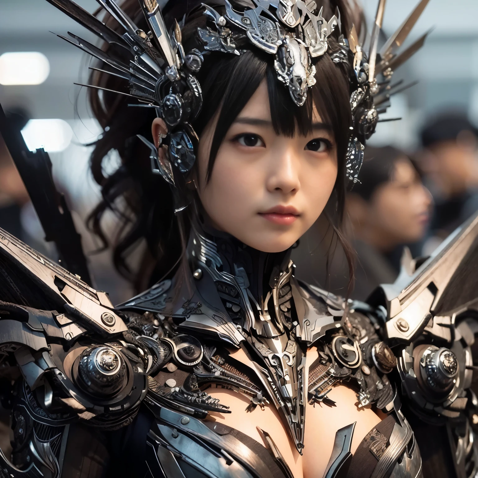 (masterpiece, best quality:1.2), (8k uhd, 16k, 32k, ultra high res), (photorealistic:1.37), (RAW photo), ultimate-realistic, ultimate-realistic details, ultimate-realistic texture, ultimate-intricate details, ultimate-realistic lighting, ultimate-realistic shadow, japanese girl, ultimate-cute face, ultimate-RAW skin, ultimate-realistic eyes, Japanese woman in wooden silver power suit, mechanical, black accents, ultimate intricate detail, wood texture, photorealistic, full body shot