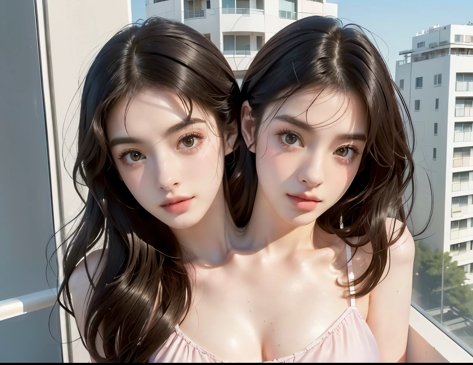 bestresolution, (2heads:1.2), 1girl, a korena teenage girl, standing next to each other on a balcony, anne hathaway, beautiful sci - fi twins, promo art, promo still, stoya, promotional still, lookalike, (digital art), promo shot, 🌸 🌼 💮, beautiful women, taken in the 2000s, twins