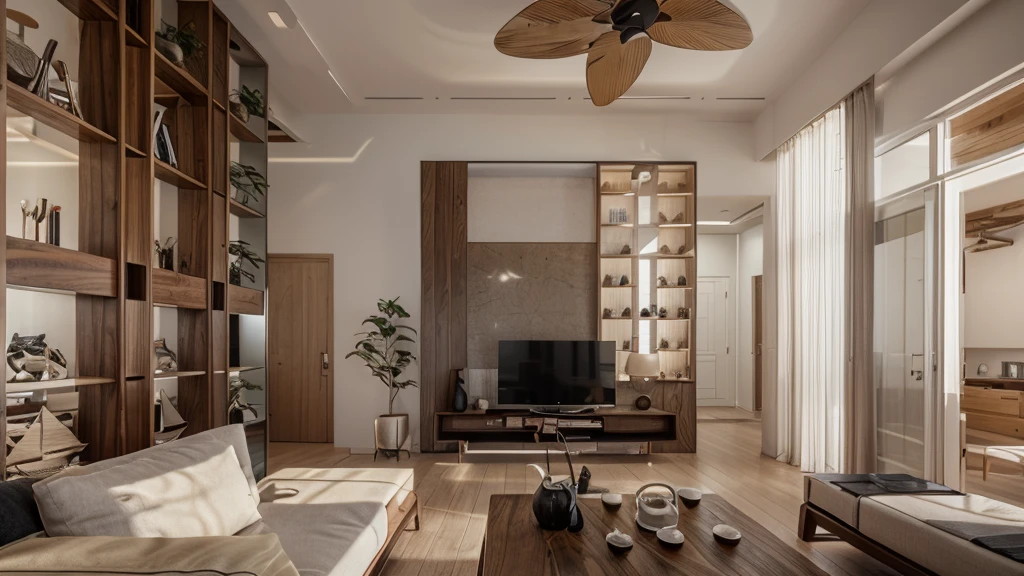 Living room interior closely follows existing photos, sharp iron, cinematic lighting, studio lighting, super detailed, highly detailed, high quality, 8k, walnut wood grain, large gray tile floor, doors Large black, the back wall of the TV is wave blue and covered with crushed stone, the ceiling is white