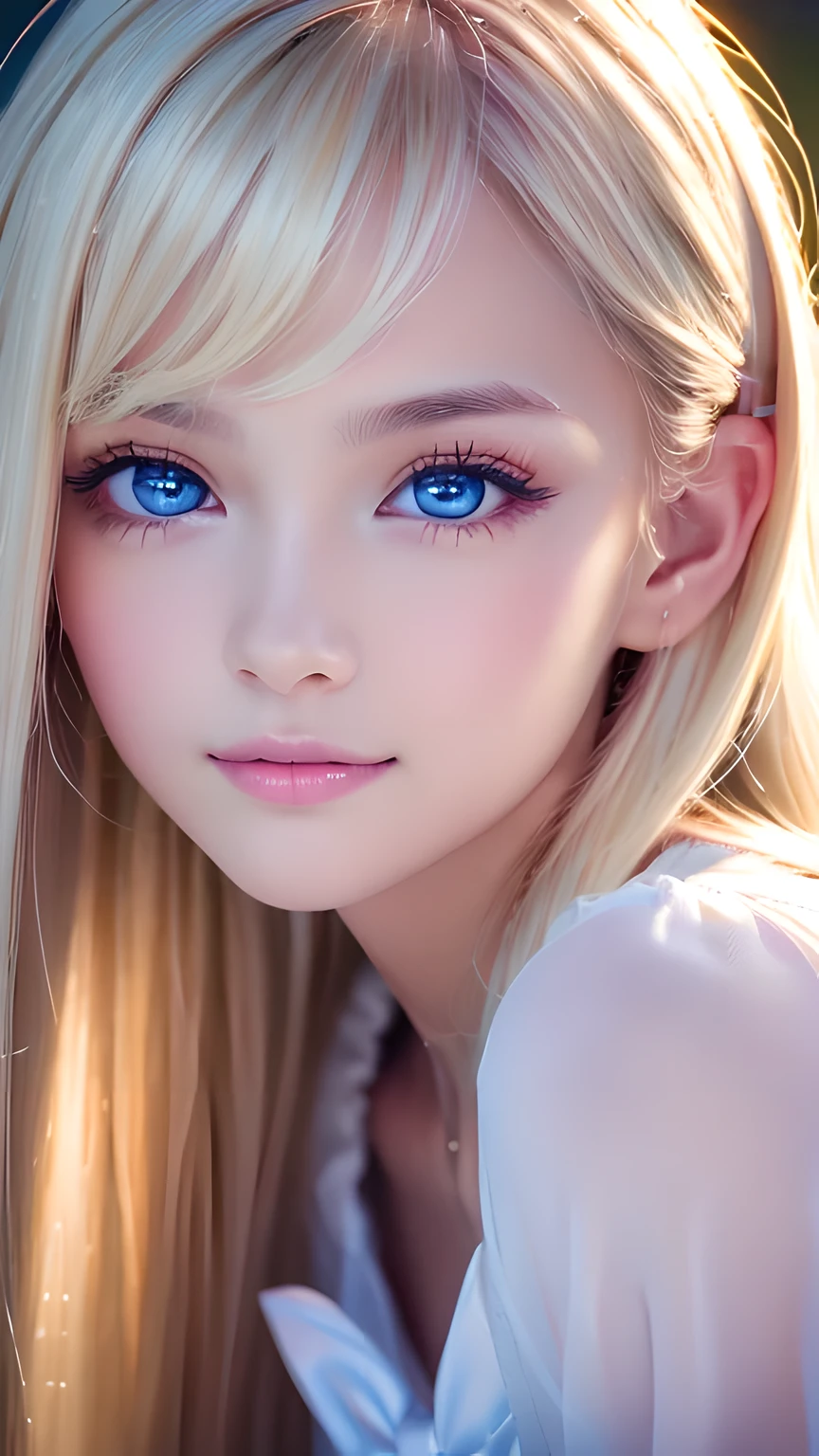 A close up of a woman with long blonde hair and blue eyes - SeaArt AI