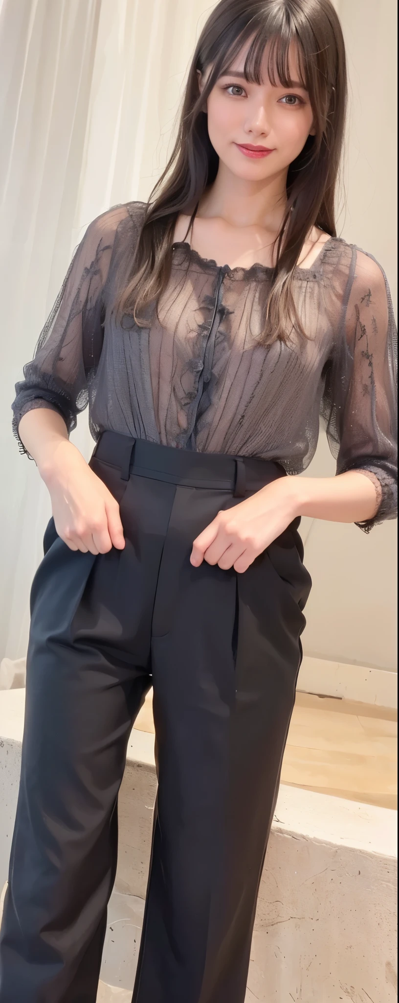 best quality, photorealistic, 8k, high res, 1girl, woman, (professional lighting), (portrait:0.6), (wearing spring blouse:1.2, long pants, make up:1.72), street style, black hair, (short hair:1.2), (1girl eyes looking at viewer:1.4),  photorealistic, (bokeh), (portait:0.6), (dynamic pose:1.2), (smile:1.6),