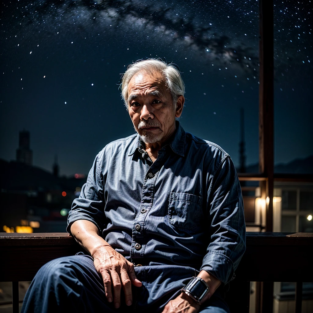 Create a sad scene of an old malay man sit and leaning against the wall at night, he looked up at the sky, starry night, outdoor, bokeh background, RAW picture, 32K high resolution wallpaper, hyper realistic photo, real skin texture, 