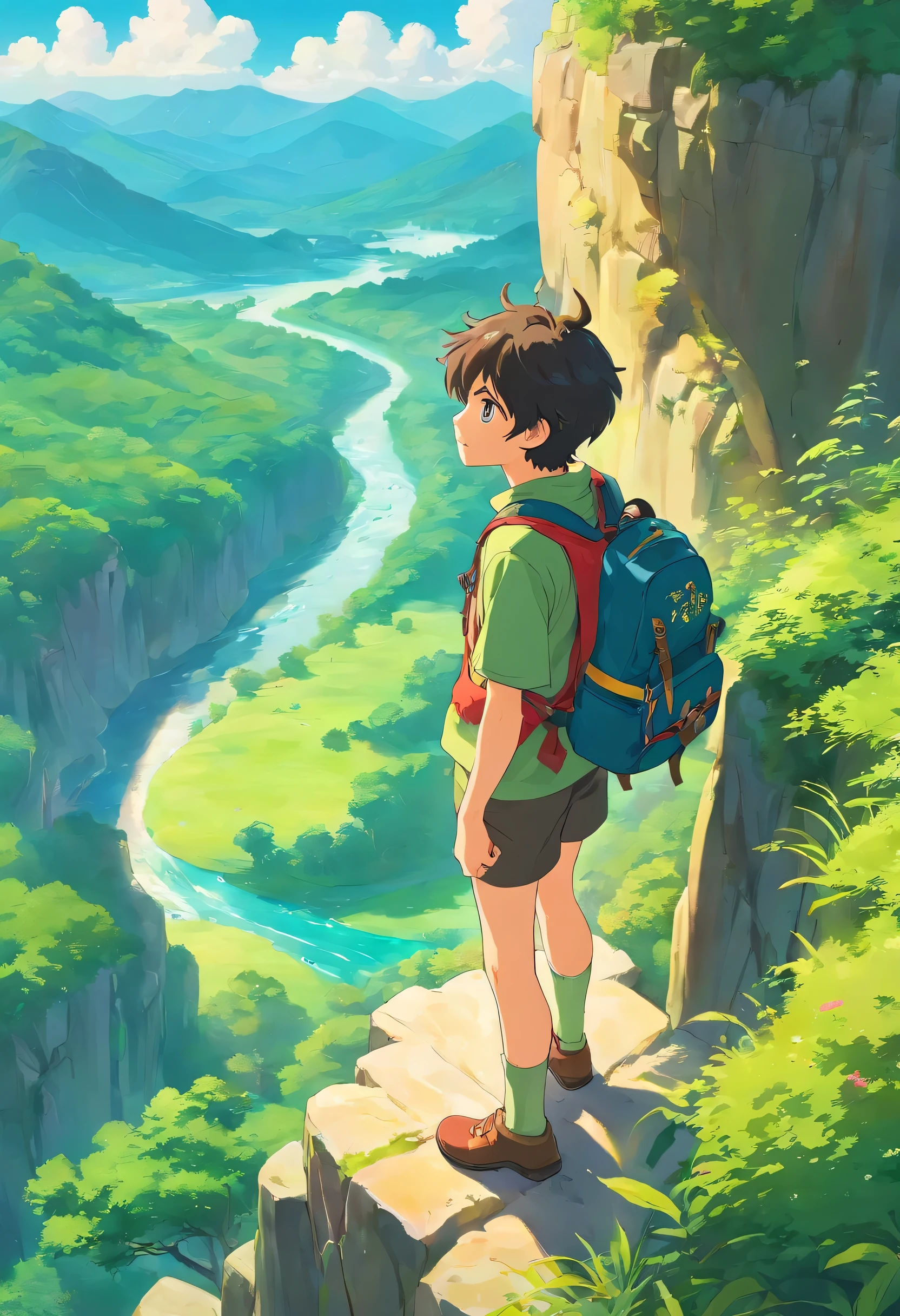 A lone adventurer perches on the edge of a mountain cliff, his trusty backpack by his side, against a backdrop of vibrant anime-style scenery. The sun's rays create a dreamy aura, highlighting the lush greenery and a meandering river below, all with a touch of whimsical anime charm