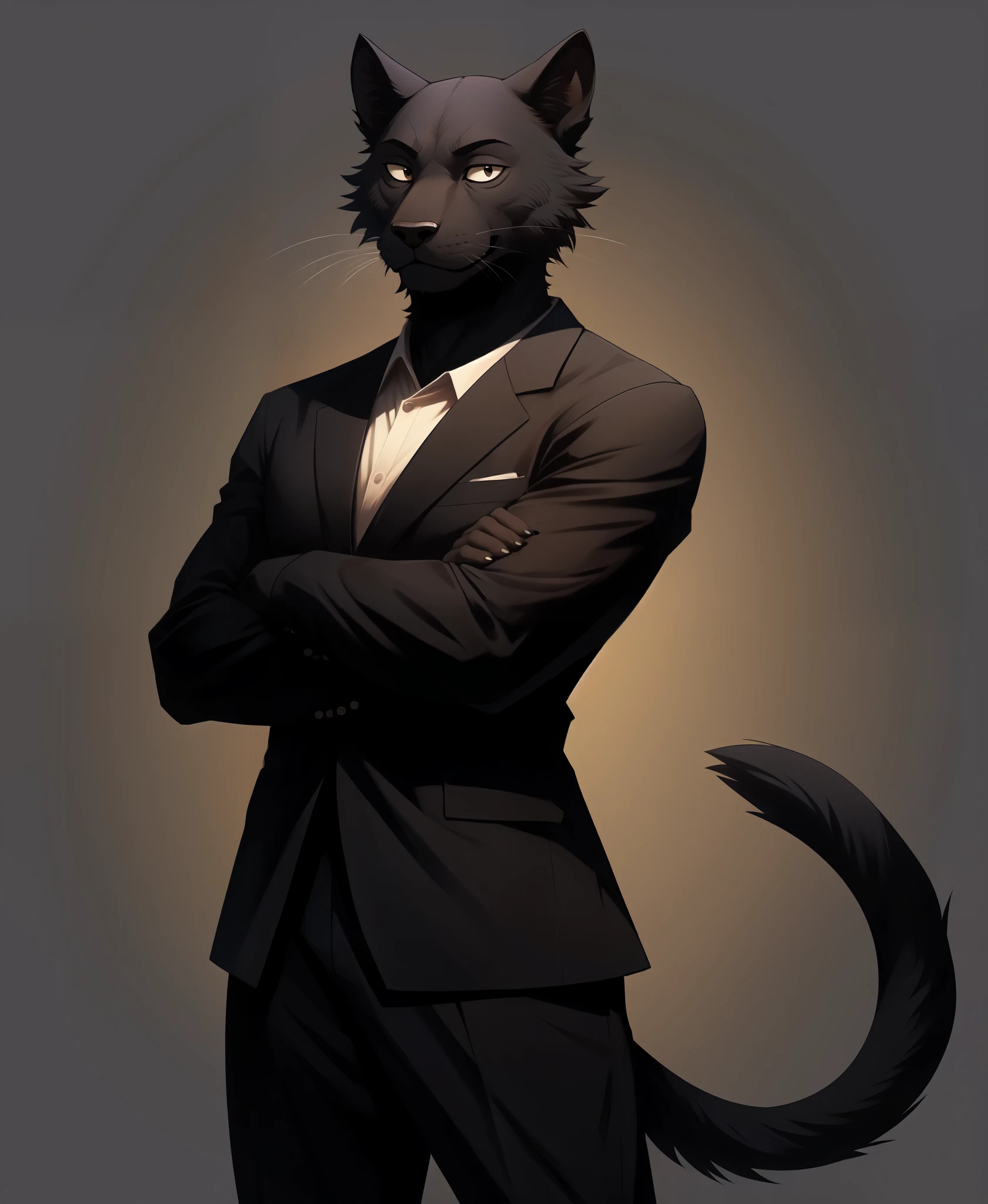 beastars, tao_(beastars), full-length_portrait, hi_res, portrait, anthro, black_body, black_fur, crossed_arms, fur, male, melanistic, simple_background, solo, standing, whiskers,