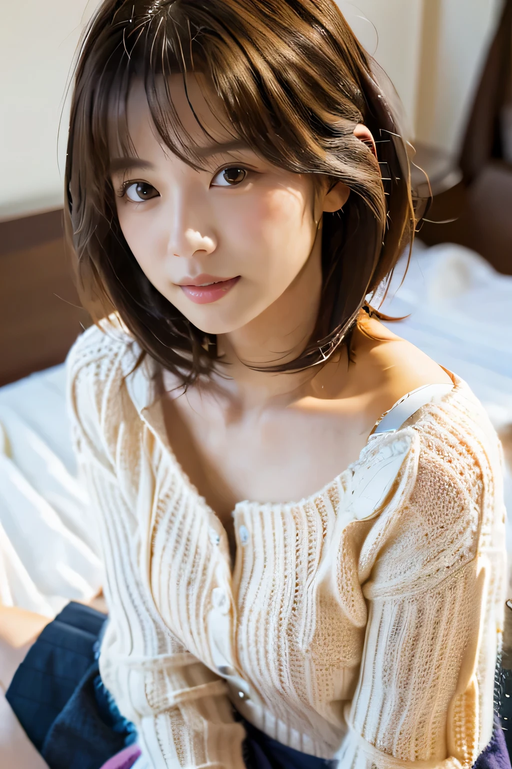 highest quality, Photorealistic, Very detailed, finely, High resolution, 8K Wallpaper, Professional, High level of detail, ((One 18 year old girl:1.2)), Slender Japanese women,cute lips, (Long eyelashes:1.2)、Detailed clavicle, Mid-chest、Perfect Face, (Cute short bob hair:1.5), Chestnut Hair、Cute face、(On the bed:1.2)、wearing knit sweater & miniskirt, (Flirtingly lifting her skirt to show her panties:1.3)