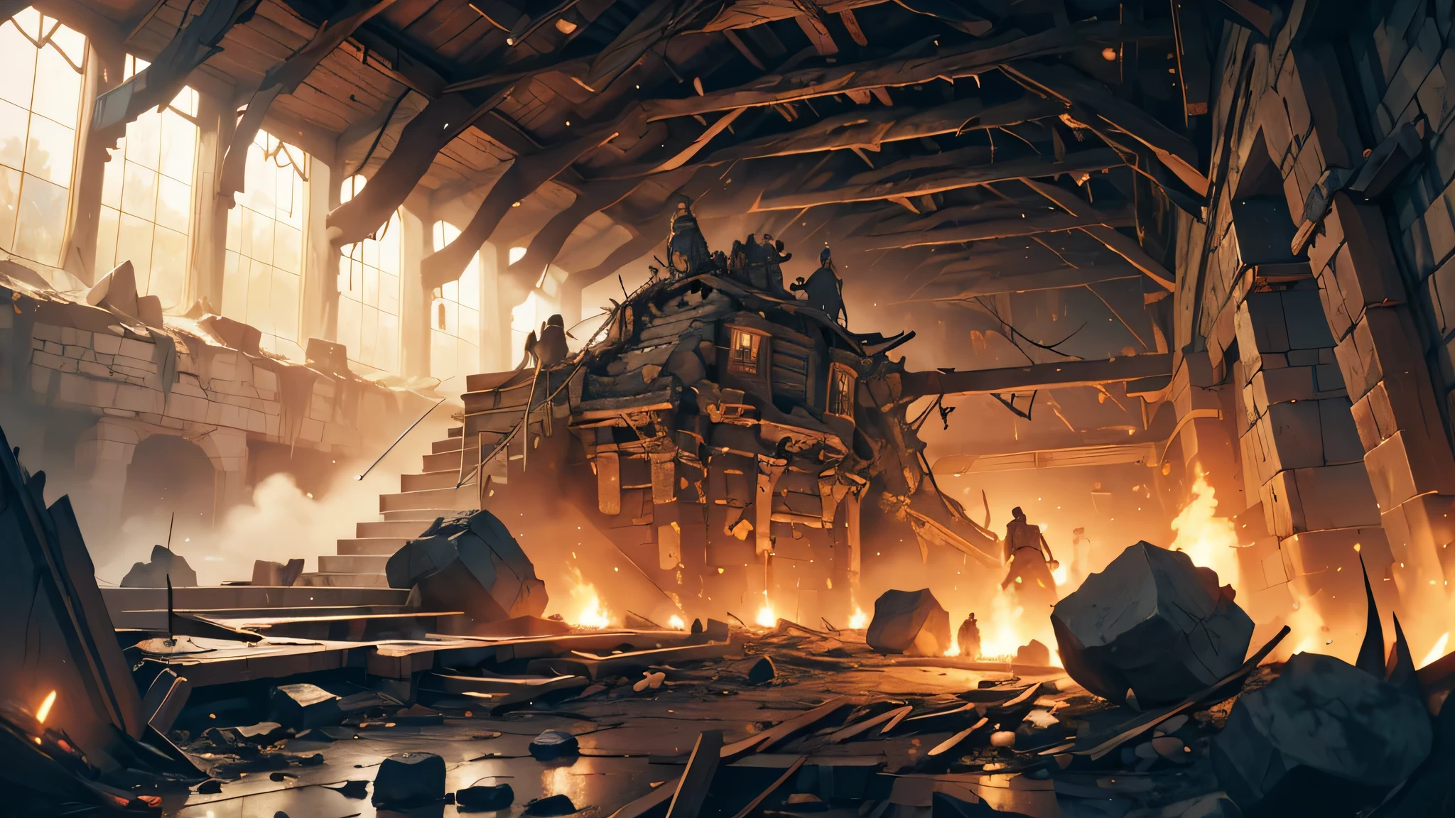 A group of Dwarves panicking, detailed depiction of their fear and panic, trembling bodies, wide-eyed expressions, sweat on their foreheads, terrified faces, rushing movements, shouting and pointing fingers, scrambling to escape from the collapsing mine, debris falling from the ceiling, trembling ground and crumbling walls, rocks and stones rolling down, dust and smoke filling the air, beams and support structures being shaken, the mine entrance on the verge of collapse, dust clouds rising in the chaos, fantasy illustrations, rich colors and vibrant details, high-resolution artwork (4k, ultra-detailed), realistic rendering, dynamic lighting with dramatic shadows and highlights, intense color palette (dark and warm tones), glimpses of sunlight breaking through the cracks, flickering torches illuminating the scene, sound and vibrations engulfing the mine.