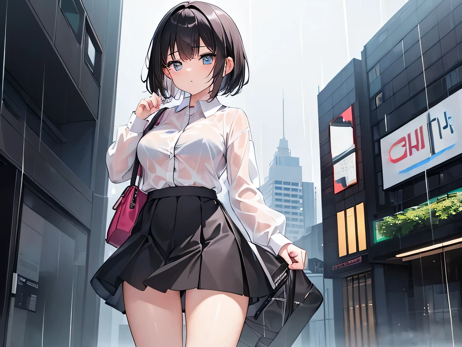 (Masterpiece, top quality, high resolution, realistic photo, realistic looking skin:1.1),
(Woman standing in the rain: 1.8),
(woman's collared shirt is wet from the rain and her bra is showing through: 1.8),
(blushing and embarrassed:1.5),
(She is wearing a white collared shirt and a black mini-skirt:1.8),
(She is wearing a white bra and white panties:1.8),
(She is carrying a business bag:1.8),
(She has medium black hair:1.5),
(Location is downtown at night where there are many bars: 1.5),
1 Japanese girl, solo, full bodied esbian, beautiful eyes, glowing eyes, glowing thighs, NSFW