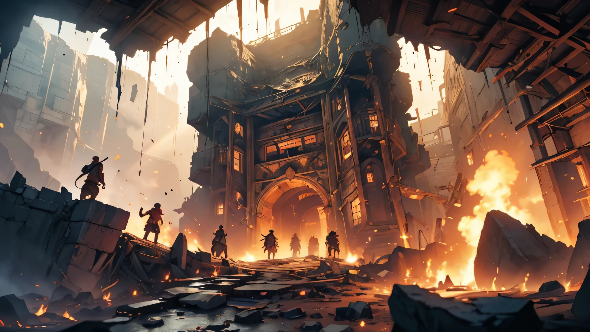 A group of Dwarves panicking, detailed depiction of their fear and panic, trembling bodies, wide-eyed expressions, sweat on their foreheads, terrified faces, rushing movements, shouting and pointing fingers, scrambling to escape from the collapsing mine, debris falling from the ceiling, trembling ground and crumbling walls, rocks and stones rolling down, dust and smoke filling the air, beams and support structures being shaken, the mine entrance on the verge of collapse, dust clouds rising in the chaos, fantasy illustrations, rich colors and vibrant details, high-resolution artwork (4k, ultra-detailed), realistic rendering, dynamic lighting with dramatic shadows and highlights, intense color palette (dark and warm tones), glimpses of sunlight breaking through the cracks, flickering torches illuminating the scene, sound and vibrations engulfing the mine.