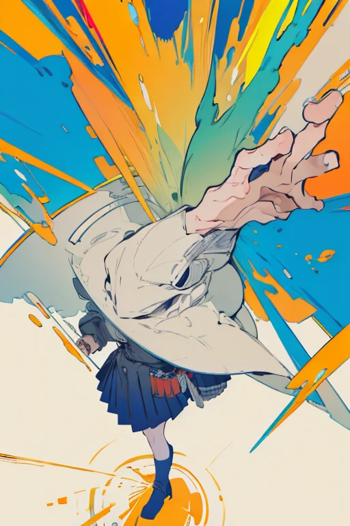 magazine,leaning buck with hands out in the air,girl from upper view, ((((masterpiece)))), very_high_resolution, high quality, full color, large_filesize, illust,(flat color:1.5),(colorful),