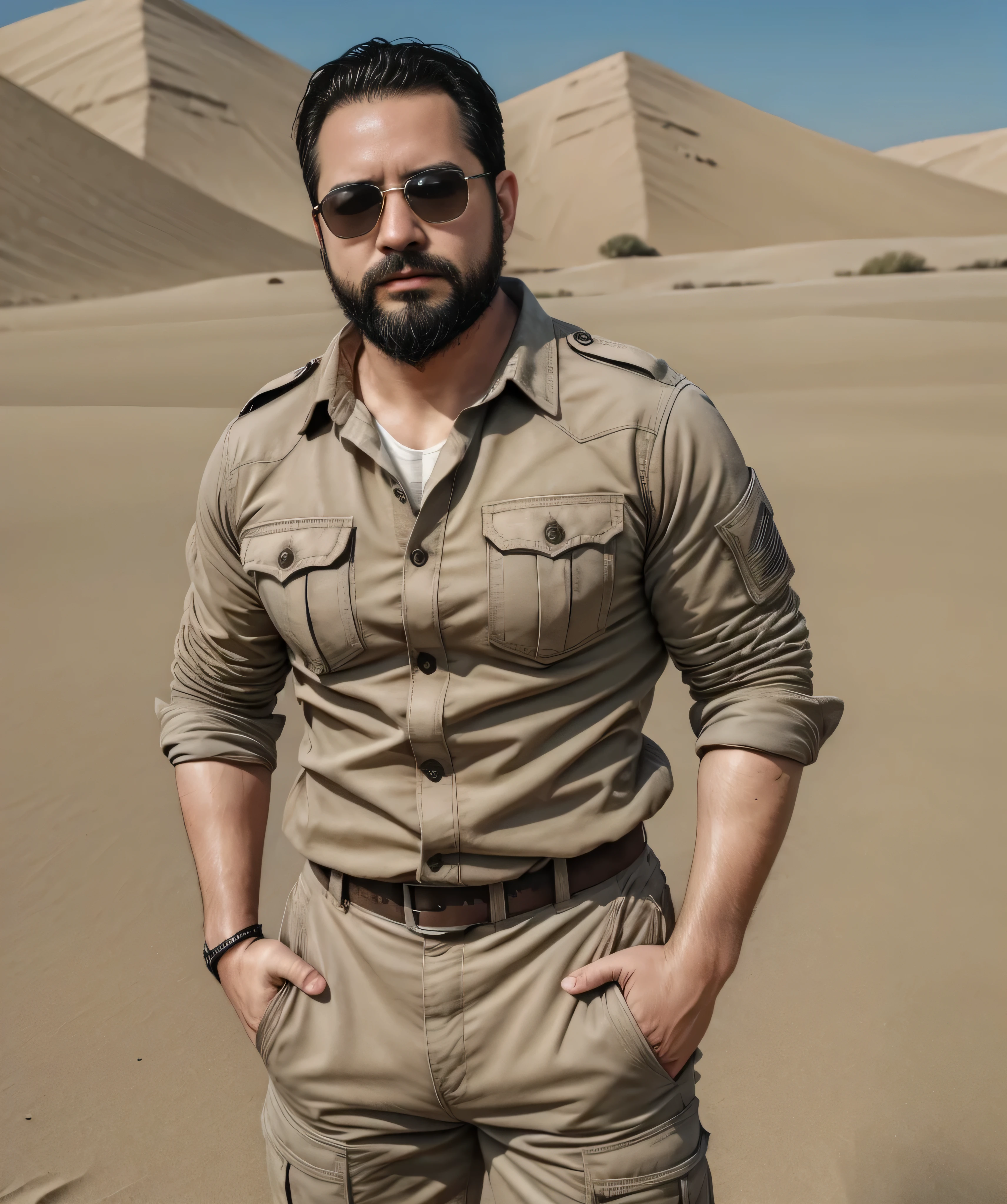 Obra maestra, desenfoque de campo, Parte superior del cuerpo, Hands in pants pockets, 38 year old chubby man with beard and square sunglasses. Man in a military shirt in an action movie with a desert in the background.