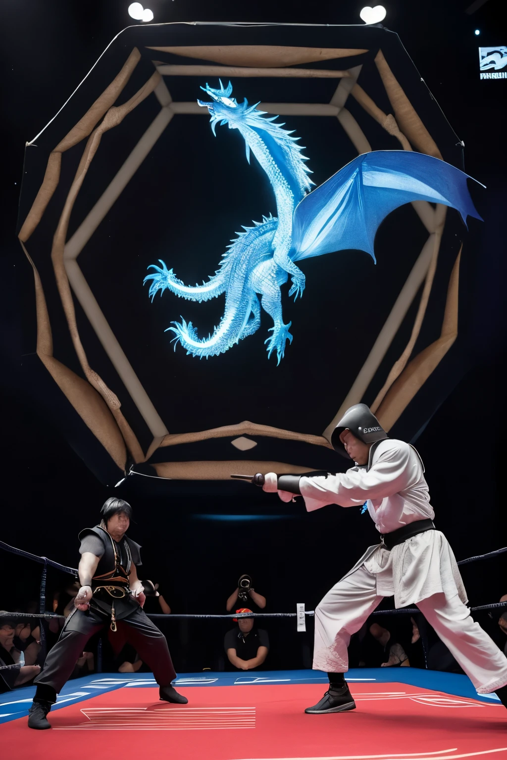 swordsman fighting a dragon in the octagon ring, many spectators