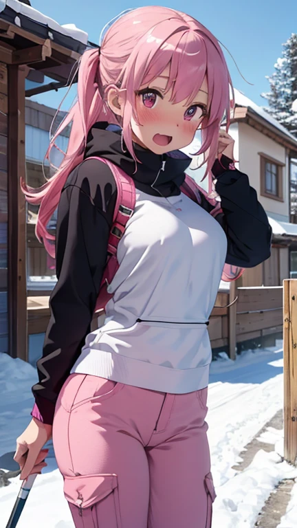 mastute piece,Best Quality,insanely detailed,8k cg,
shoot upper body,
1woman,18age,standing,body in front,looking at viewer,(pink ski-wear,pink pants,ski-poles,ski-board),break,
blush,shy,(trembling:1.2),pink hair,break,open mouth,large breast,ski-resart,ski-slope,snow,